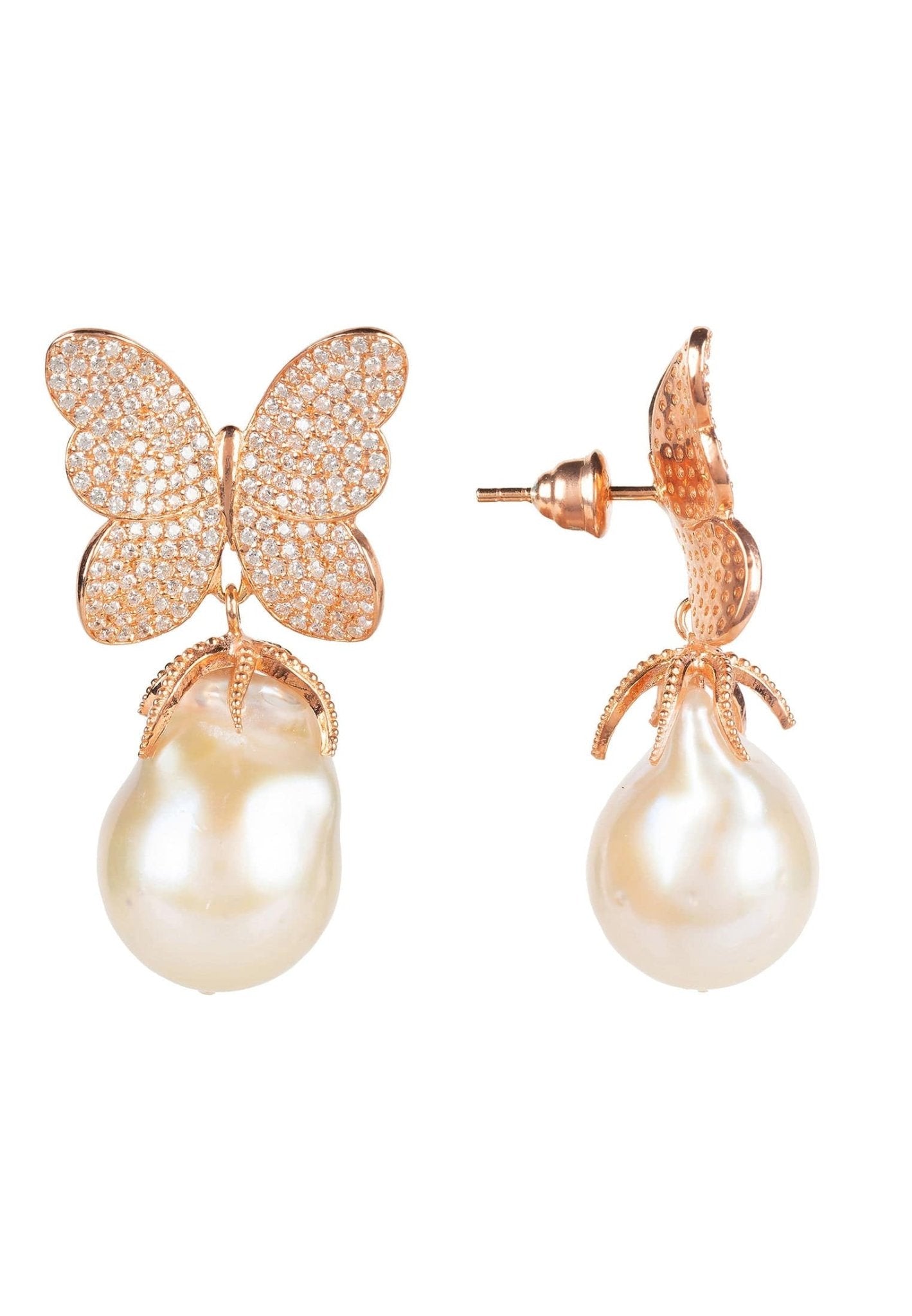 Baroque Pearl White Butterfly Earrings Rosegold - LATELITA Earrings