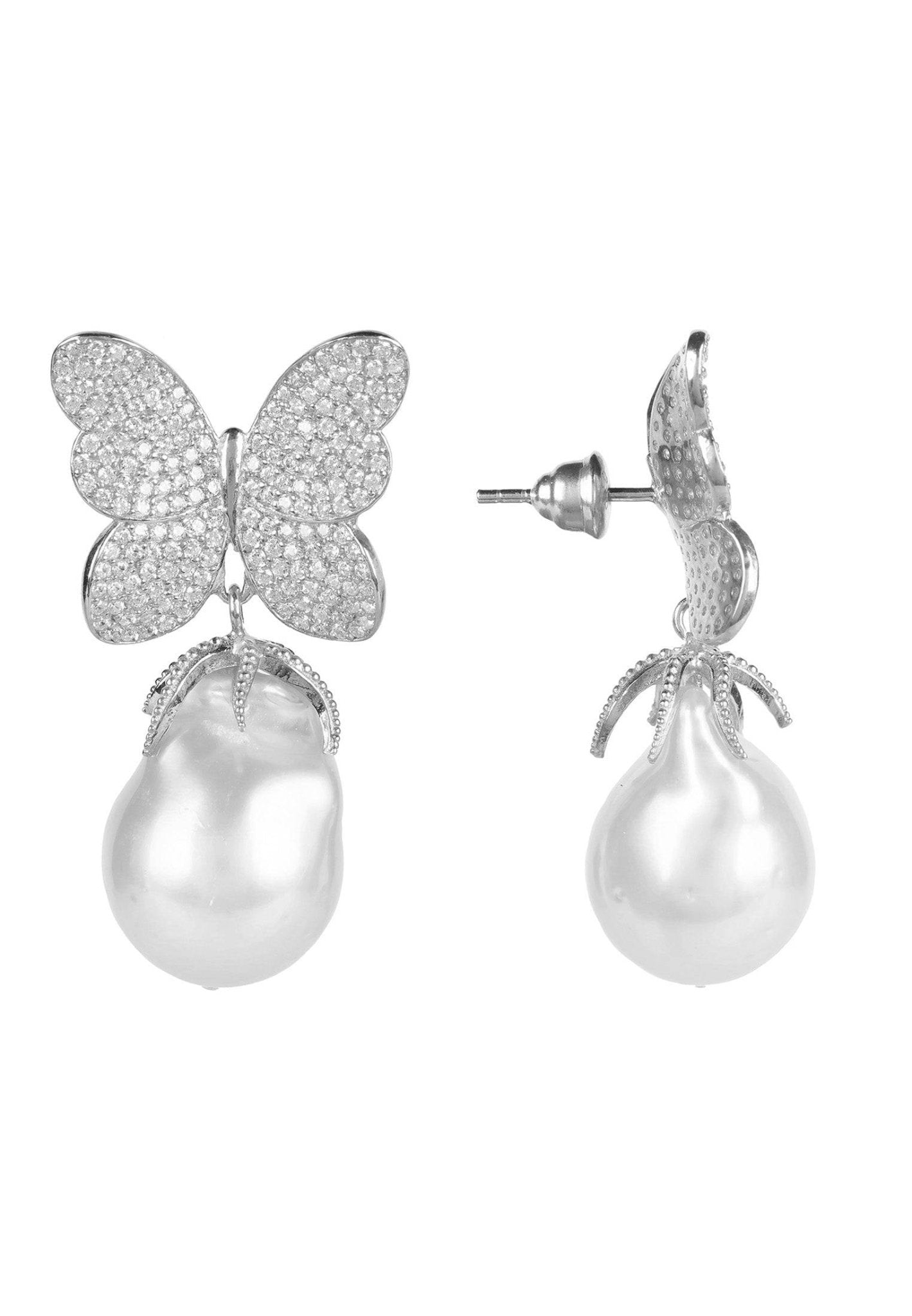 Baroque Pearl White Butterfly Earrings Silver - LATELITA Earrings
