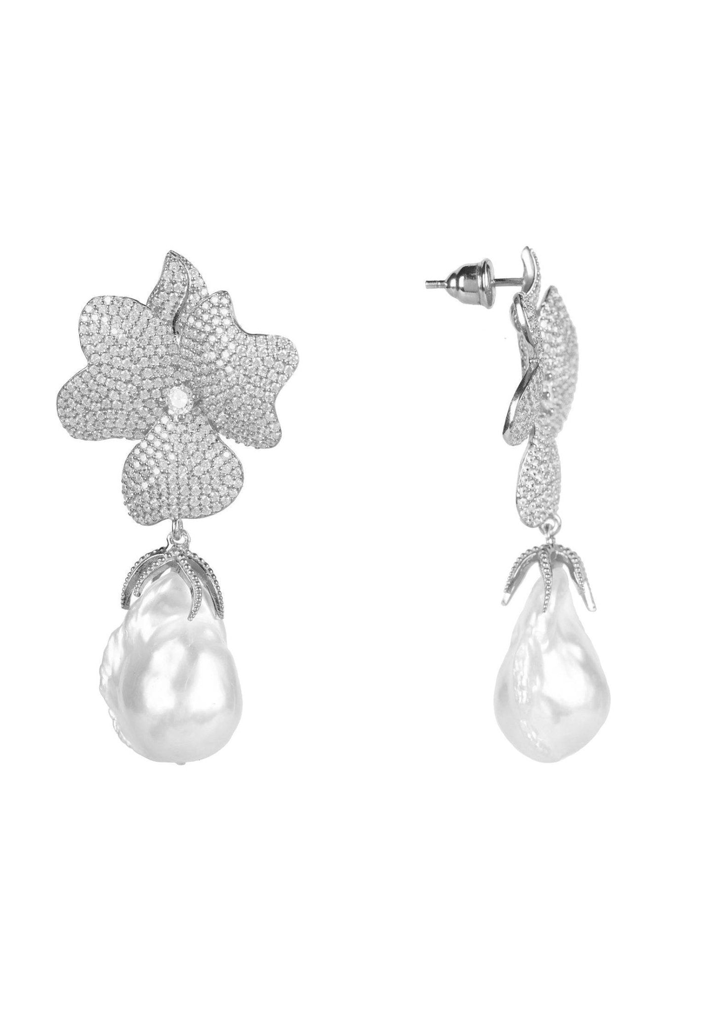 Baroque Pearl White Flower Drop Earring Silver - Latelita