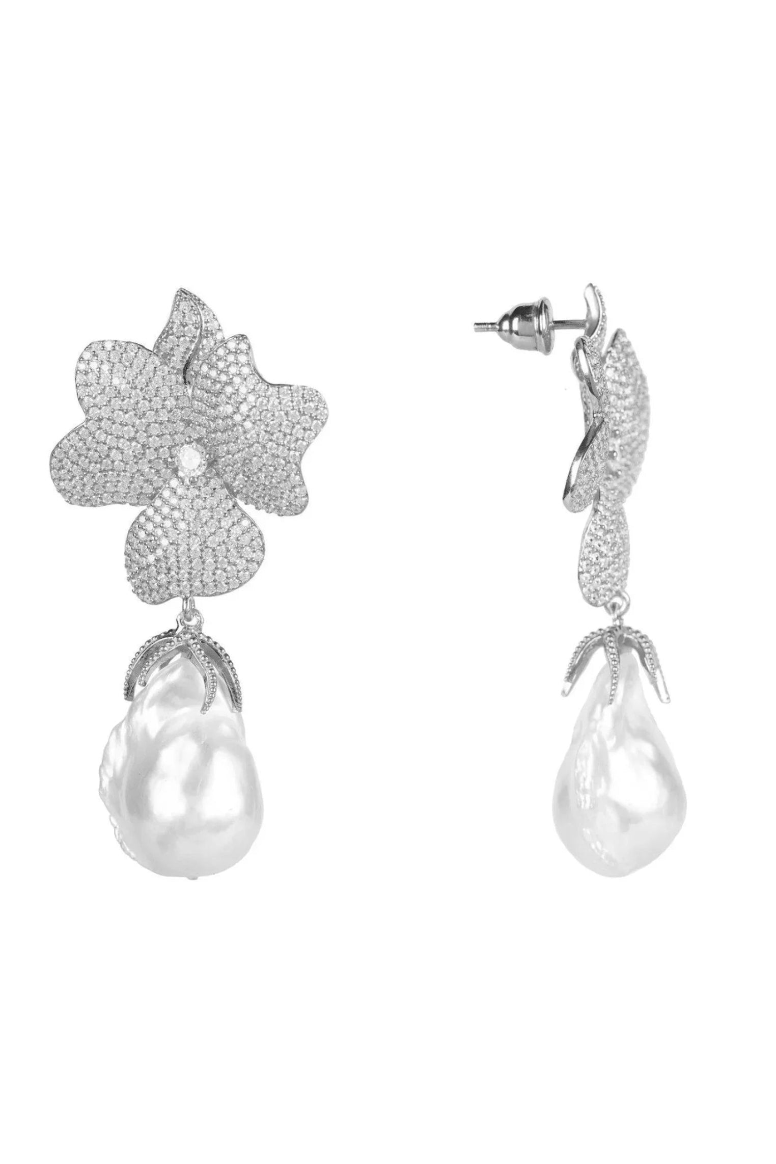 Baroque Pearl White Flower Drop Earring Silver - LATELITA Earrings