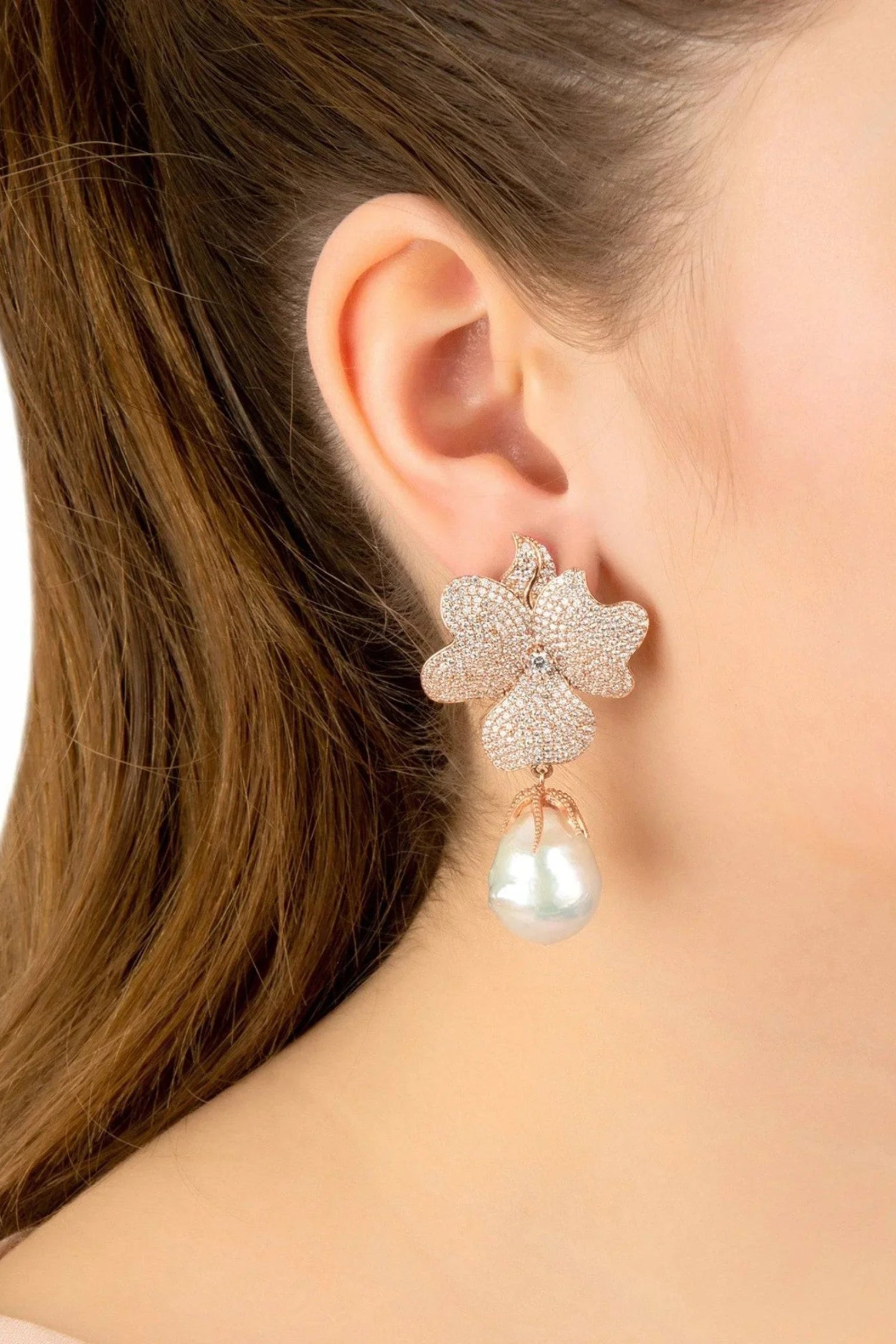 Baroque Pearl White Flower Drop Earrings Rosegold - LATELITA Earrings