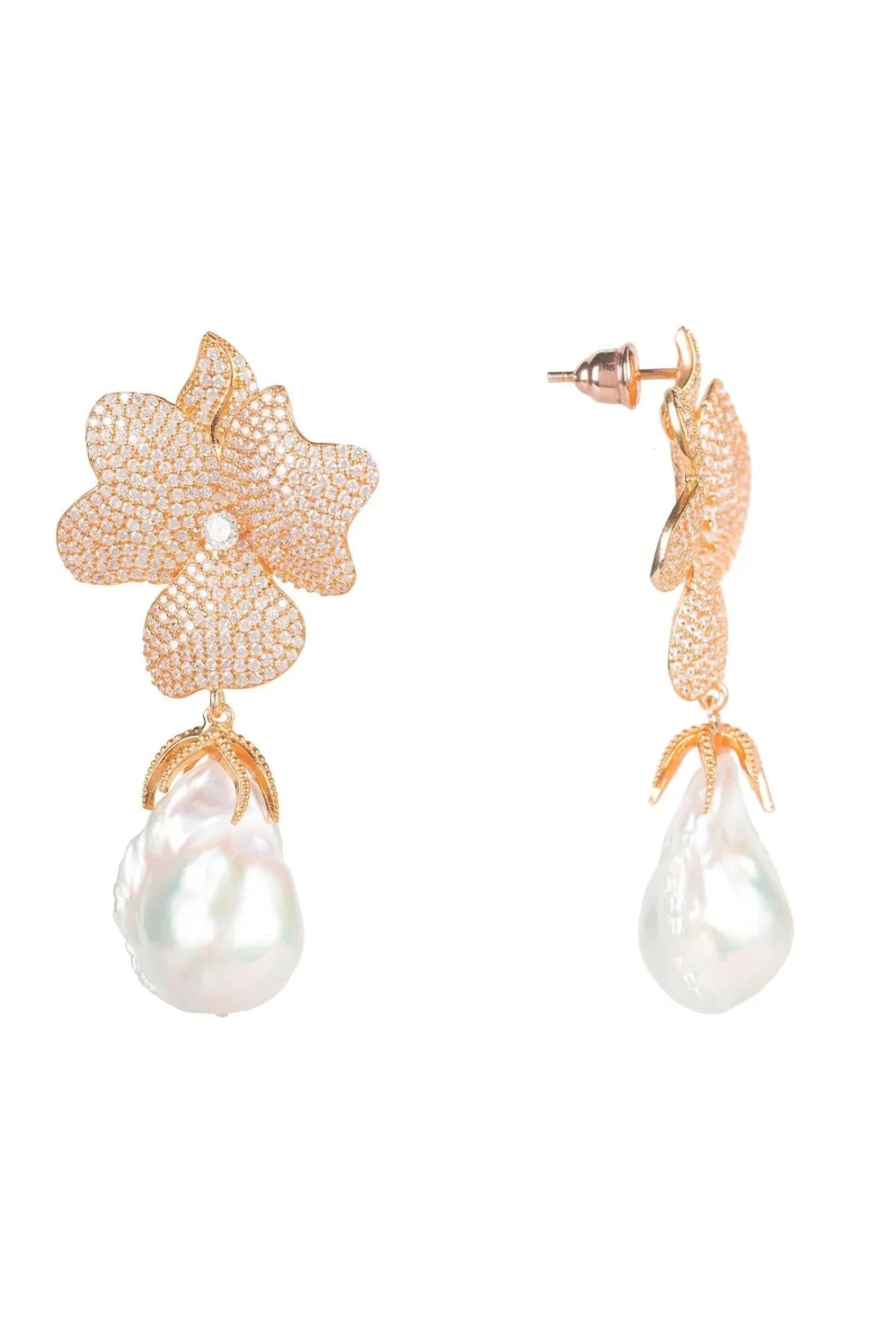 Baroque Pearl White Flower Drop Earrings Rosegold - LATELITA Earrings