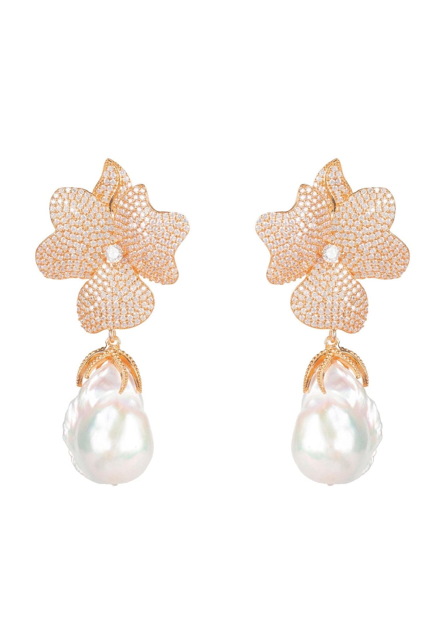 Baroque Pearl White Flower Drop Earrings Rosegold - LATELITA Earrings