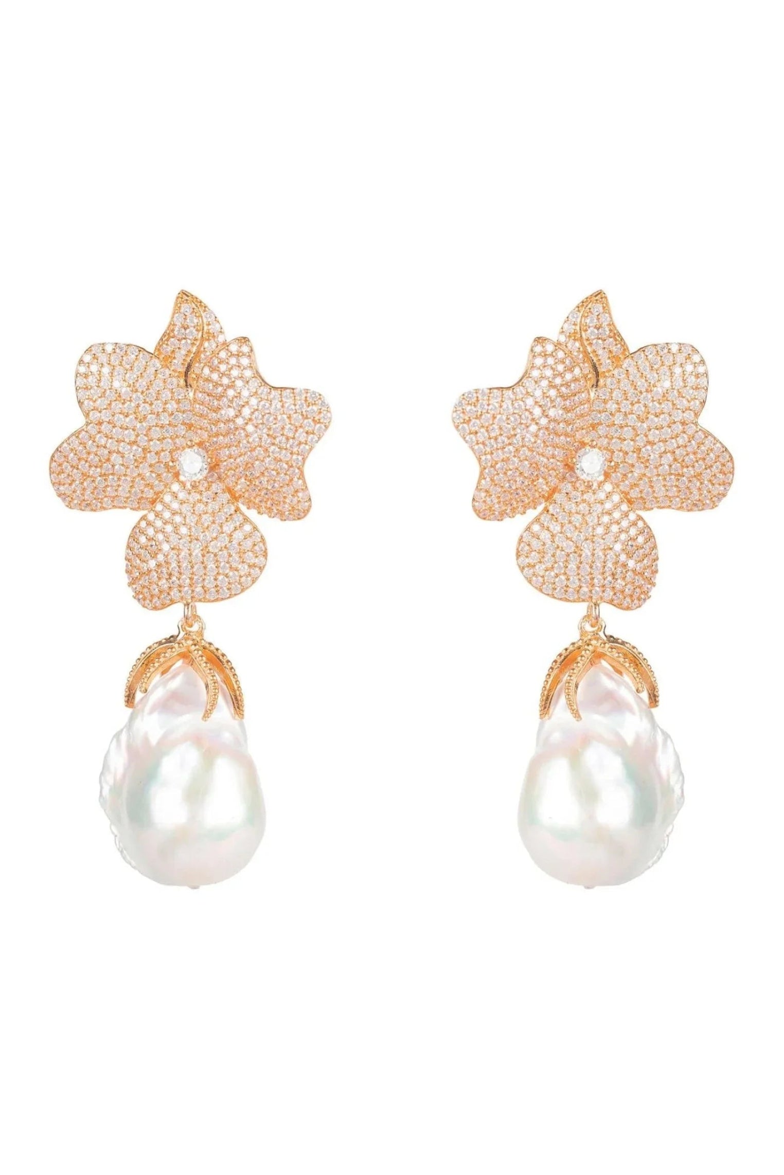 Baroque Pearl White Flower Drop Earrings Rosegold - LATELITA Earrings