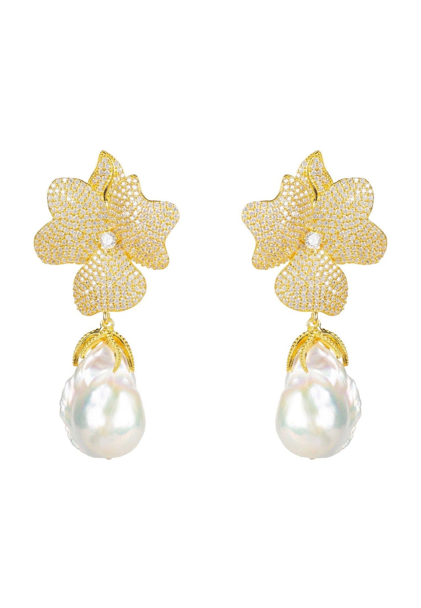 Baroque Pearl White Flower Earrings Yellow Gold - LATELITA Earrings