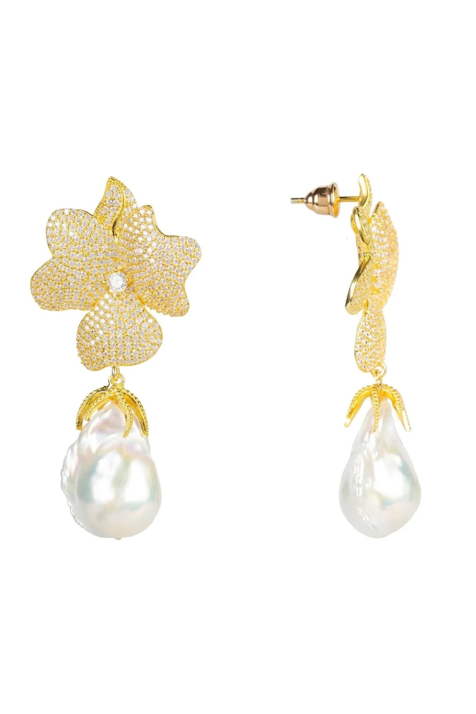 Baroque Pearl White Flower Earrings Yellow Gold - LATELITA Earrings