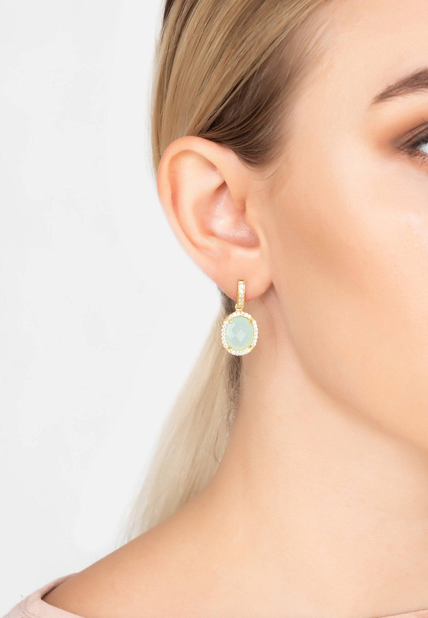 Beatrice Oval Gemstone Drop Earrings Gold Aqua Chalcedony - LATELITA Earrings