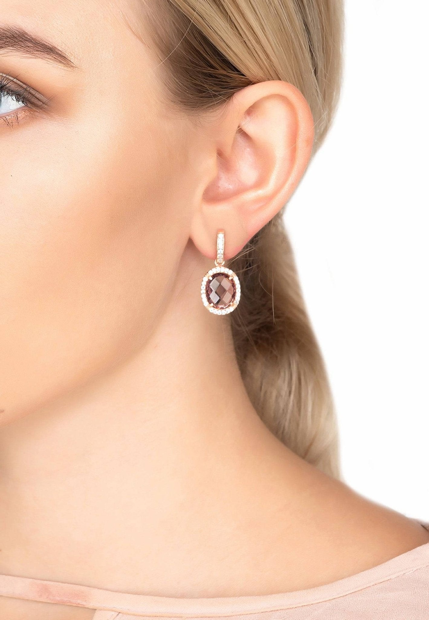 Beatrice Oval Gemstone Drop Earrings Rose Gold Amethyst Hydro - LATELITA Earrings