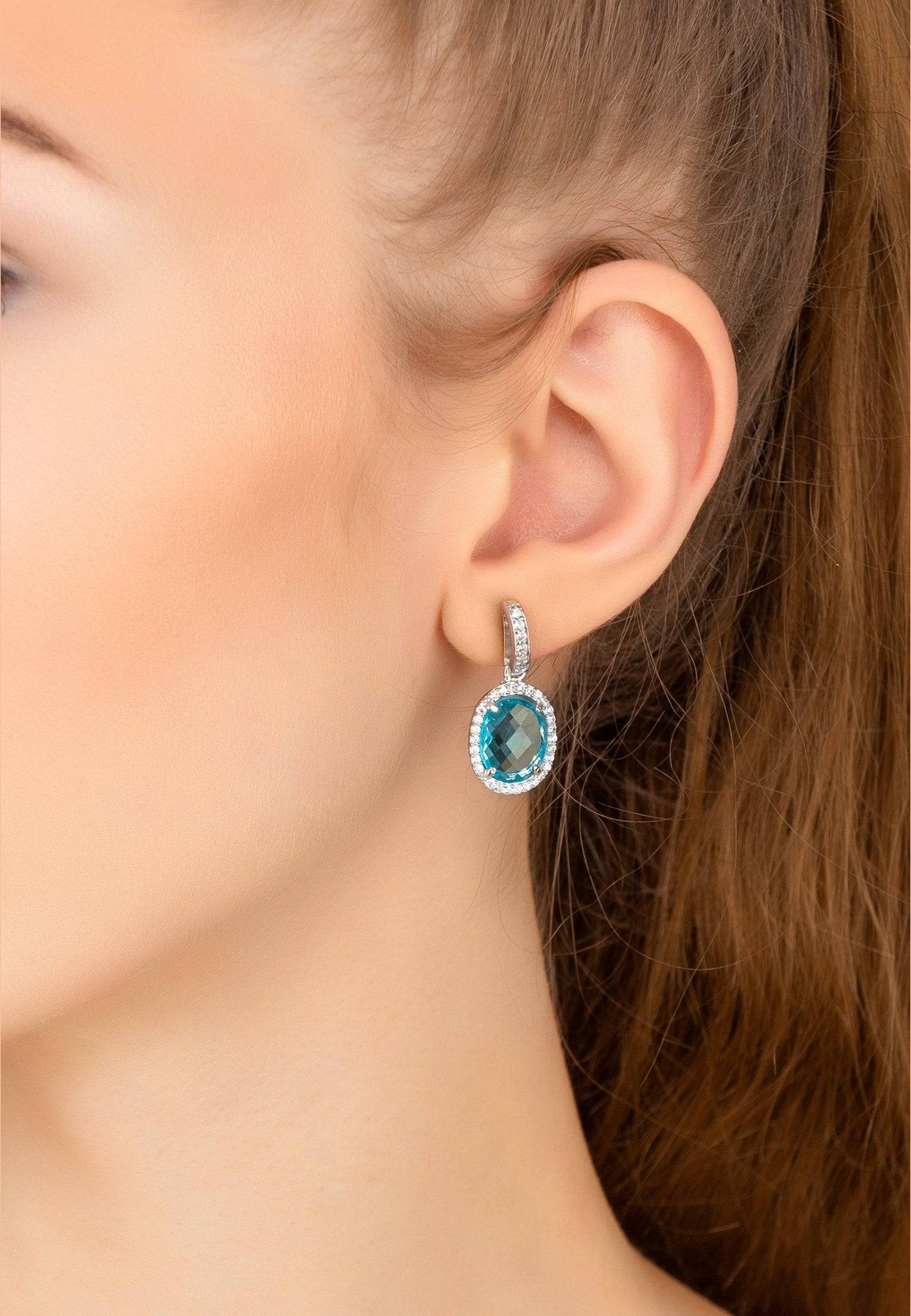Beatrice Oval Gemstone Drop Earrings Silver Blue Topaz Hydro - LATELITA Earrings
