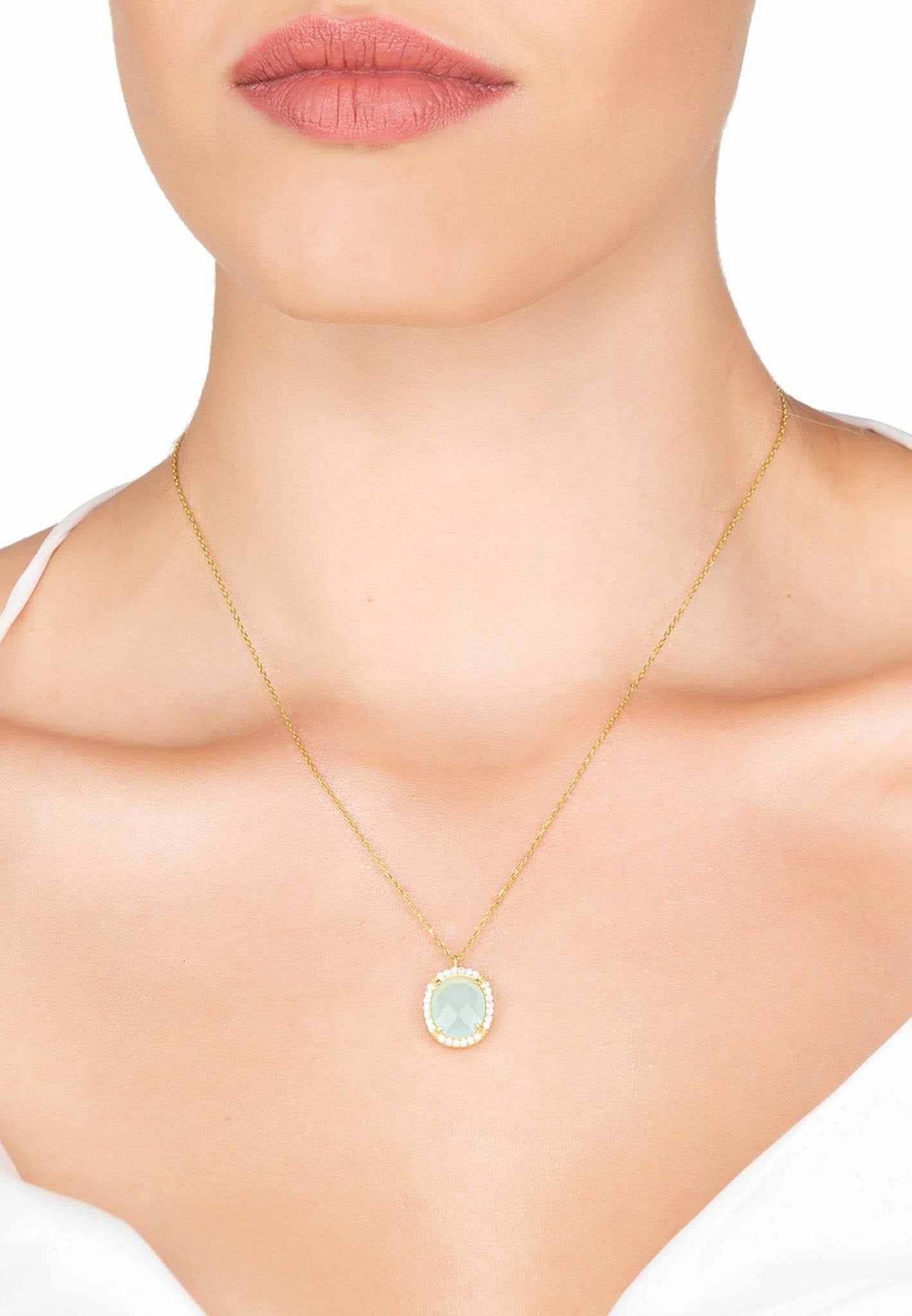 Beatrice Oval Gemstone Pendant Necklace Gold Aqua Chalcedony - LATELITA Necklaces