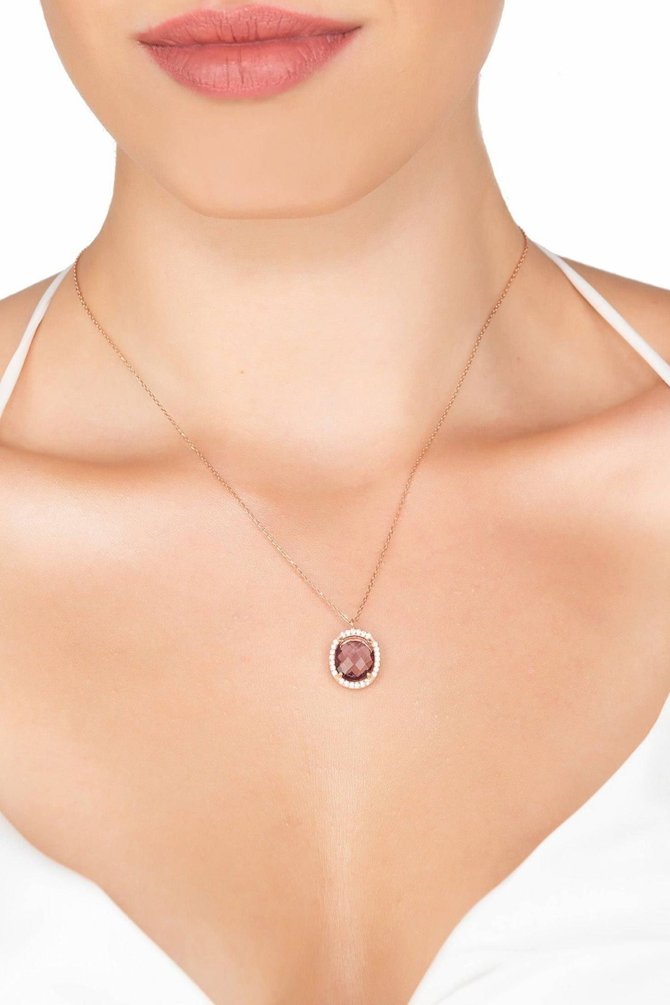 Beatrice Oval Gemstone Pendant Necklace Rose Gold Amethyst Hydro - LATELITA Necklaces