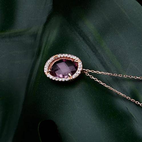 Beatrice Oval Gemstone Pendant Necklace Rose Gold Amethyst Hydro - LATELITA Necklaces