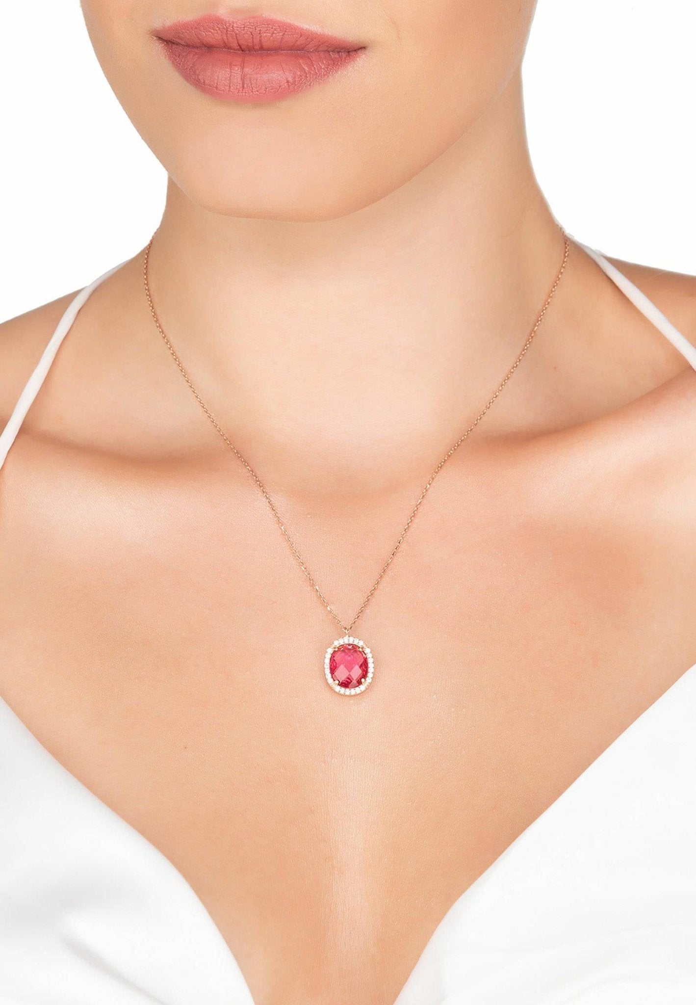 Beatrice Oval Gemstone Pendant Necklace Rose Gold Pink Tourmaline - LATELITA Necklaces