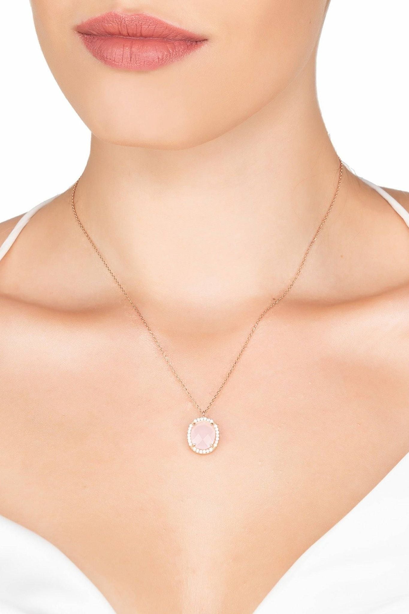 Beatrice Oval Gemstone Pendant Necklace Rose Gold Rose Quartz - LATELITA Necklaces