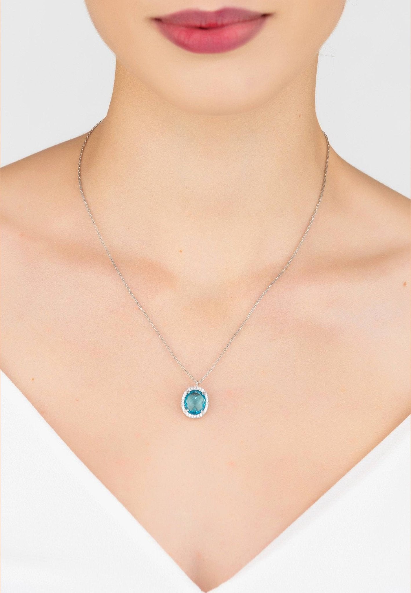 Beatrice Oval Gemstone Pendant Necklace Silver Blue Topaz Hydro - LATELITA Necklaces