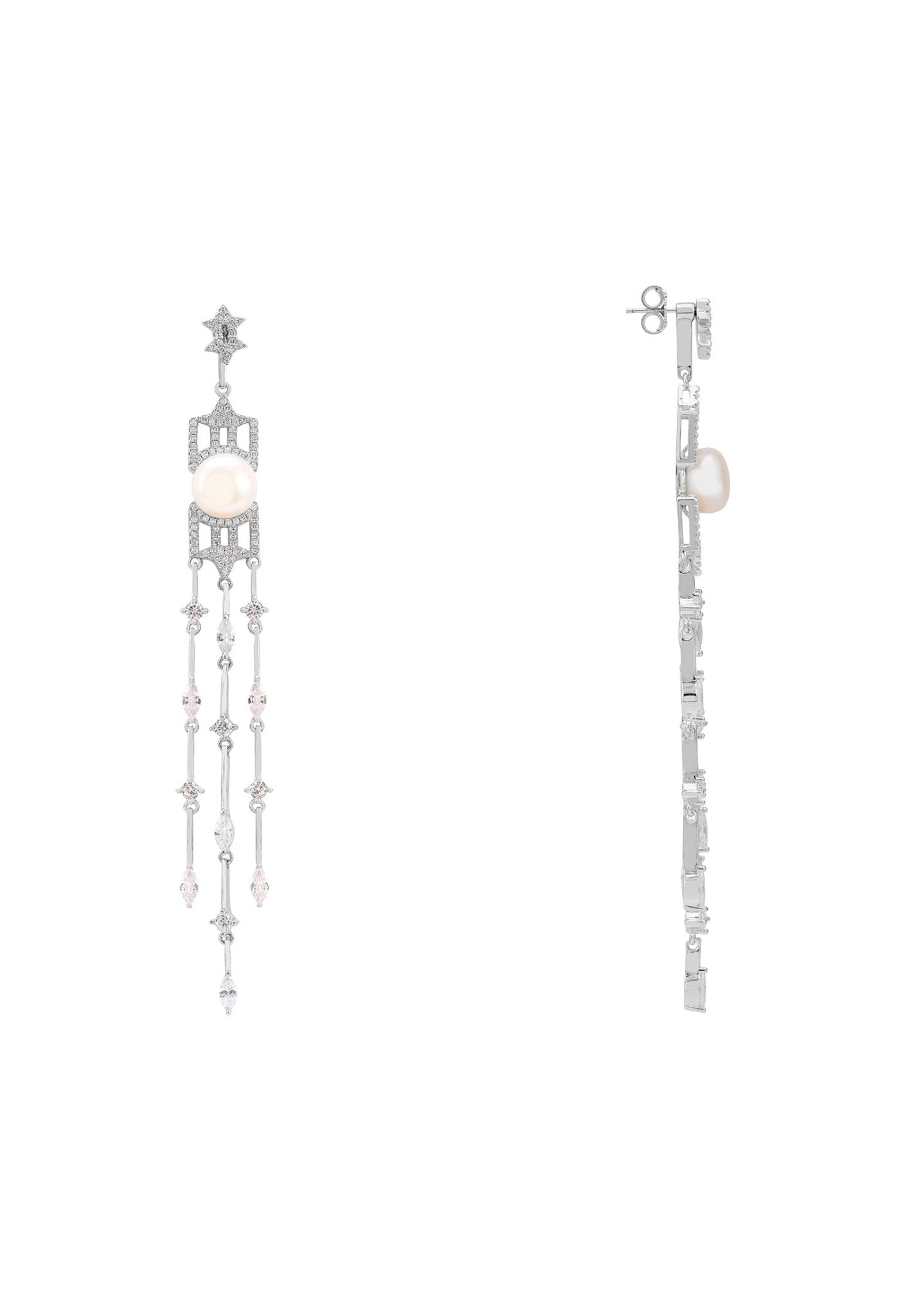 Belgravia Pearl & Sparkle Long Drop Earrings Silver - LATELITA Earrings