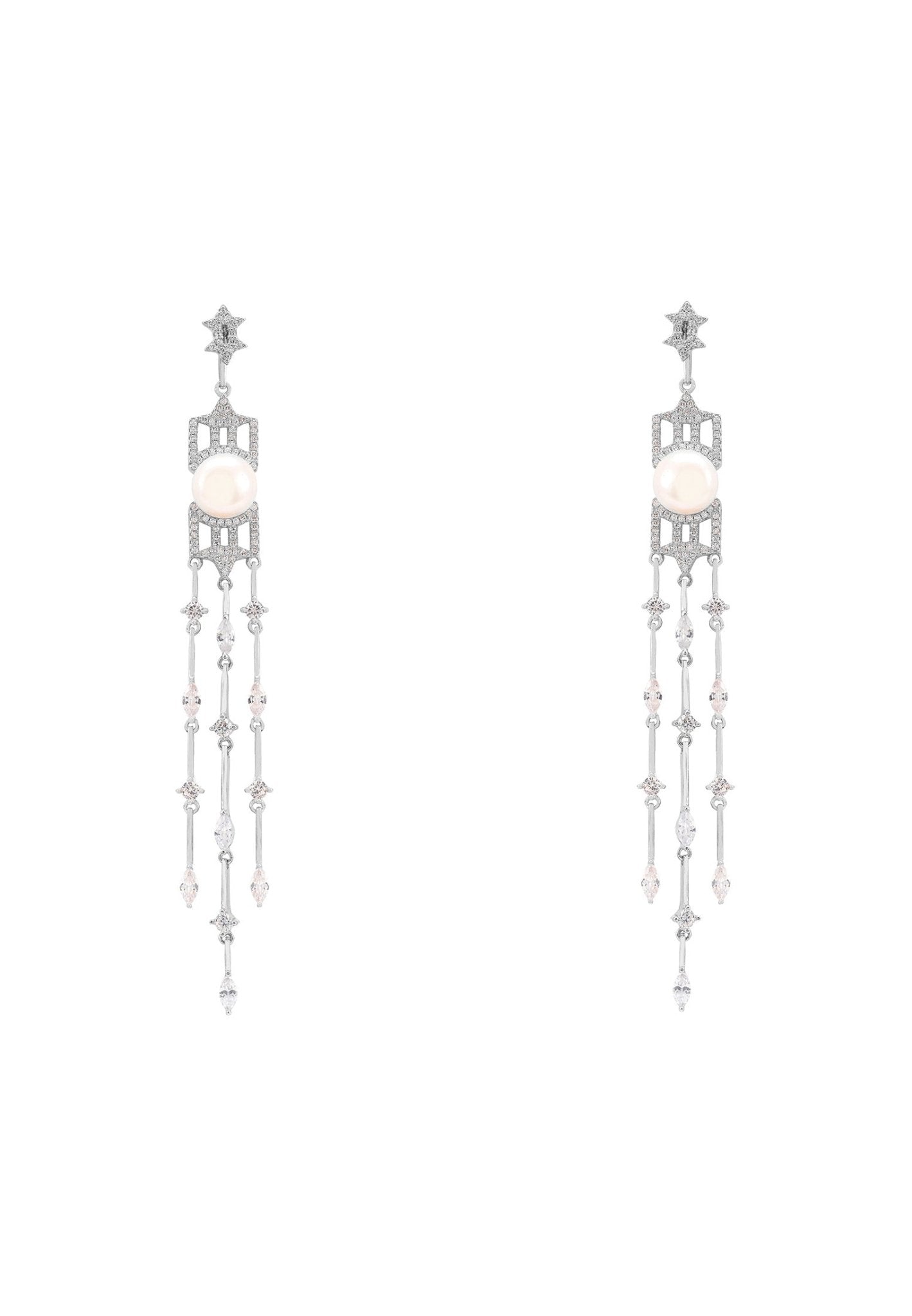Belgravia Pearl & Sparkle Long Drop Earrings Silver - LATELITA Earrings