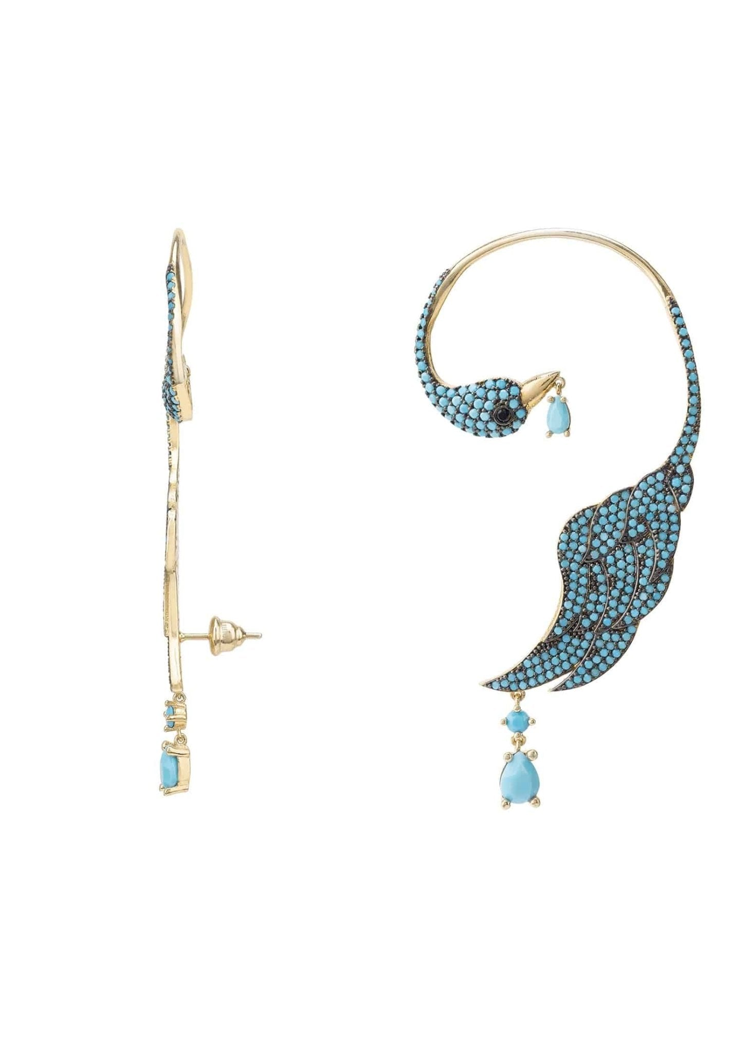 Bird Of Paradise Ear Climber Turquoise Gold Left - LATELITA Earrings