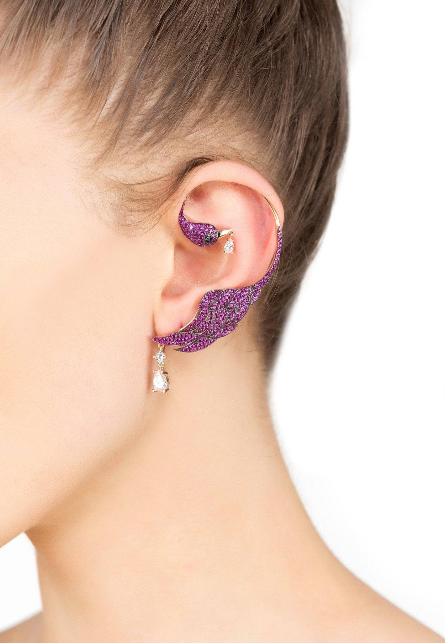 Bird Paradise Ear Climber Ruby Gold Right - LATELITA Earrings