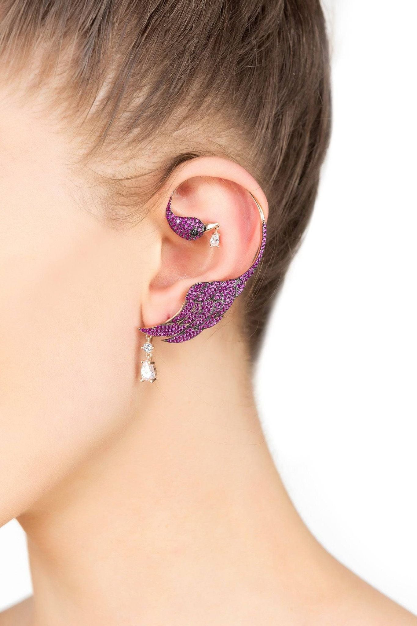 Bird Paradise Ear Climber Ruby Gold Right - LATELITA Earrings