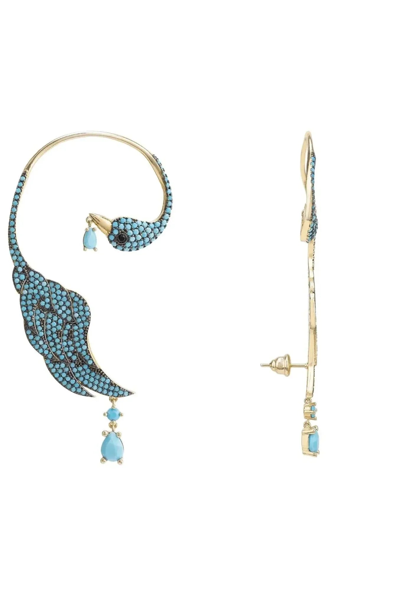 Bird Paradise Ear Climber Turquoise Gold Right - LATELITA Earrings