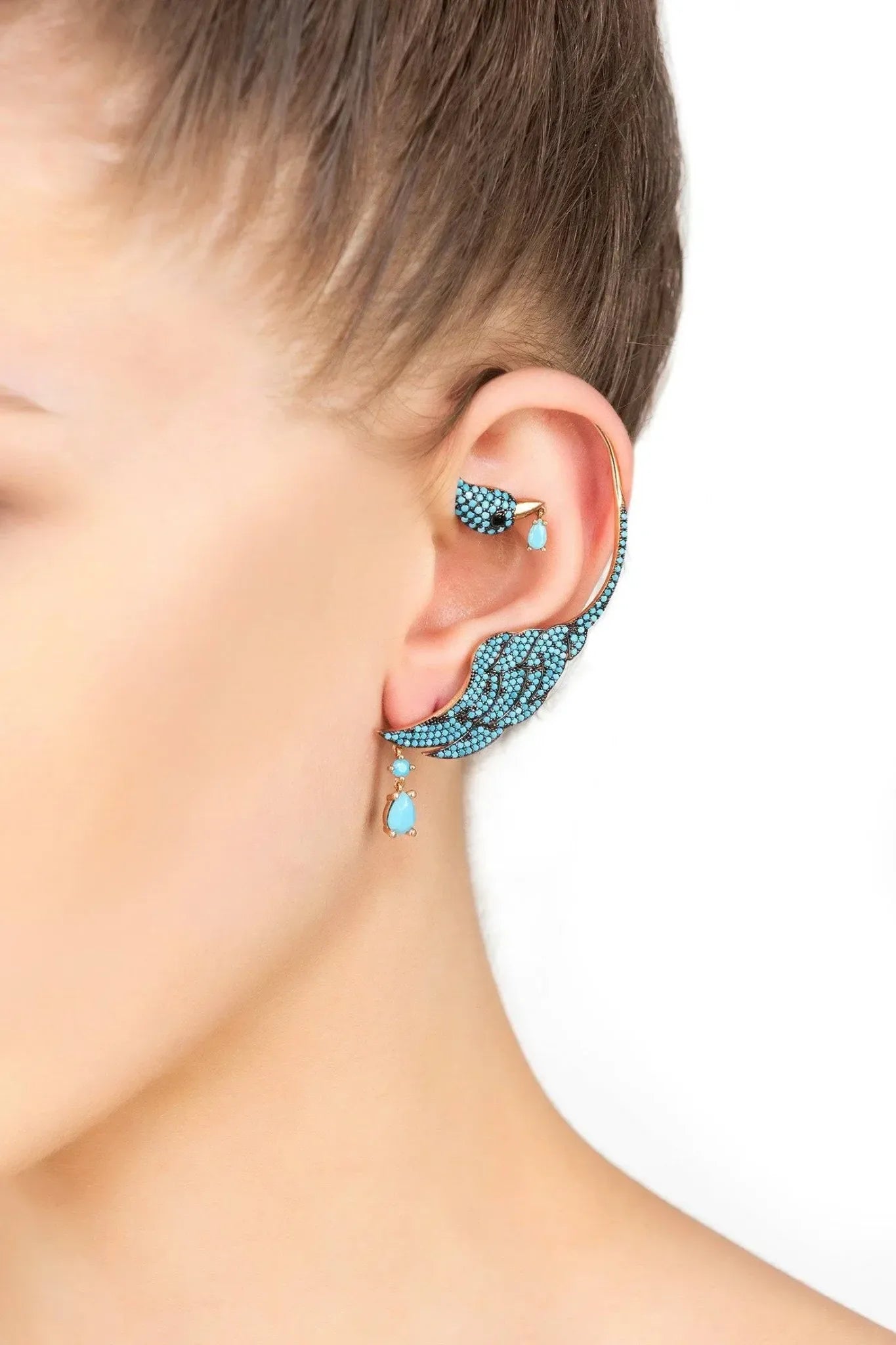 Bird Paradise Ear Climber Turquoise Gold Right - LATELITA Earrings
