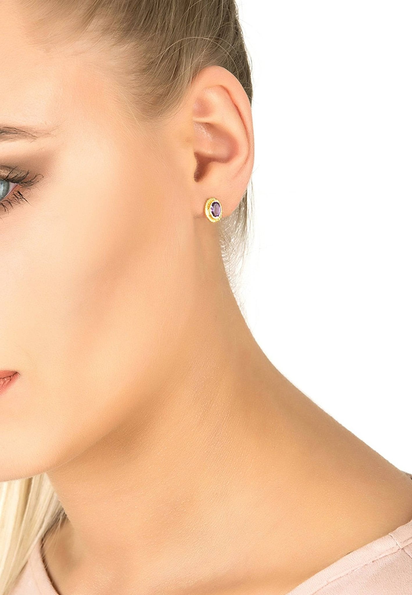Birthstone Gold Gemstone Stud Earring February Amethyst - LATELITA Earrings