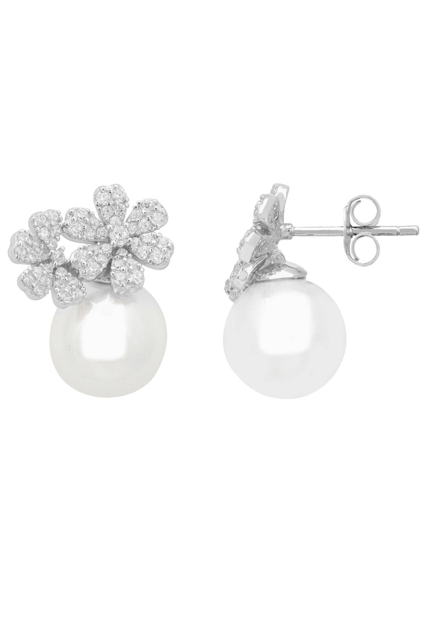 Bouquet And Pearl Stud Earrings Silver - LATELITA Earrings