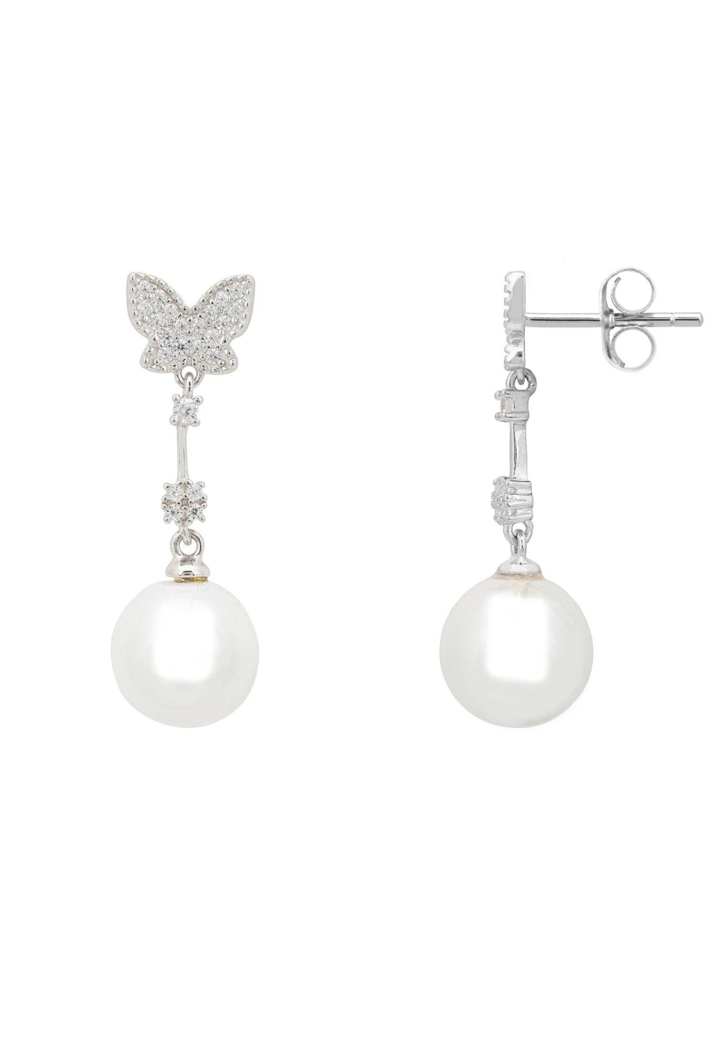Butterfly Pearl Drop Earrings Silver - LATELITA Earrings