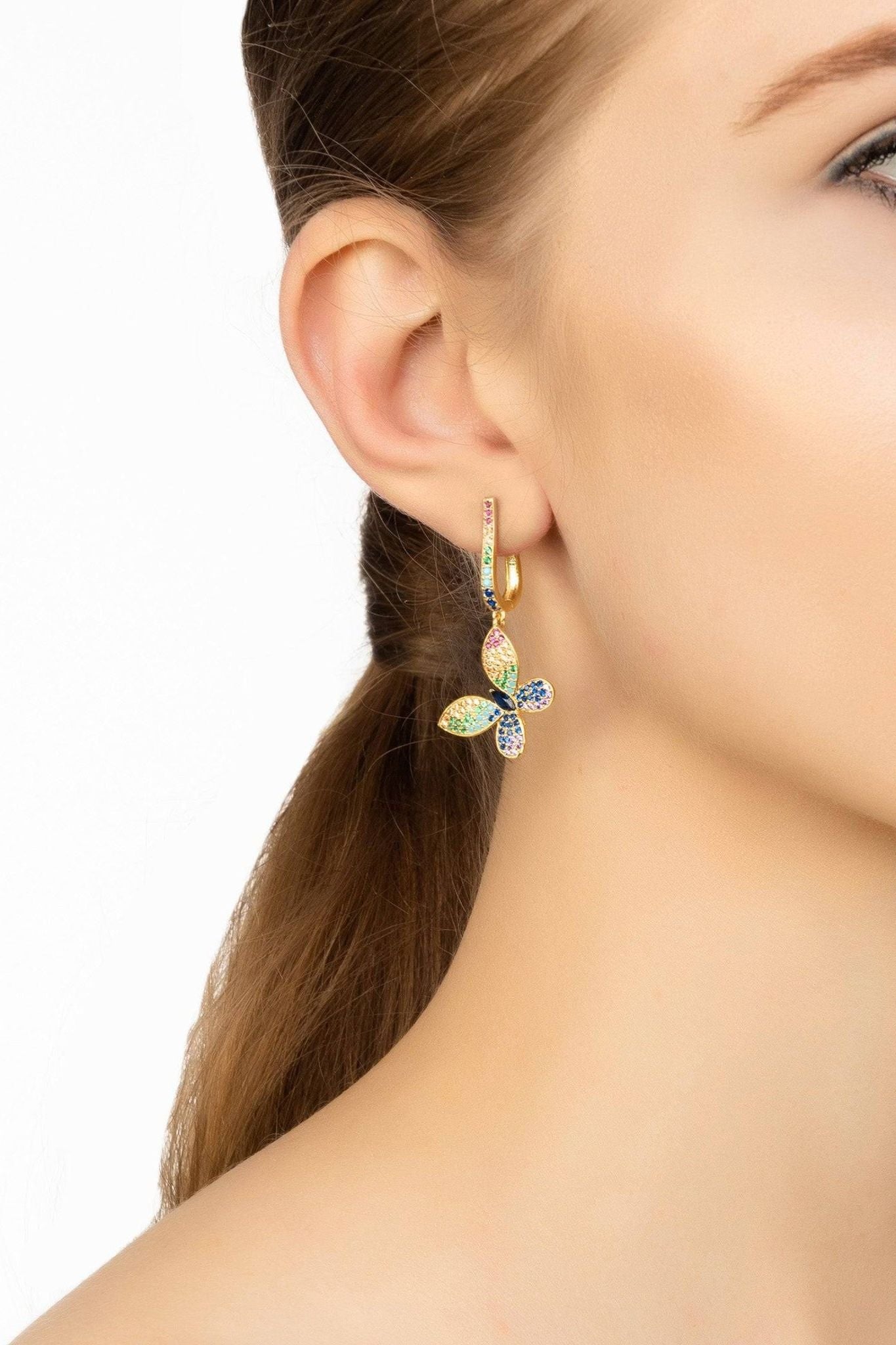 Butterfly Rainbow Multi Coloured Drop Earring Gold - LATELITA Earrings