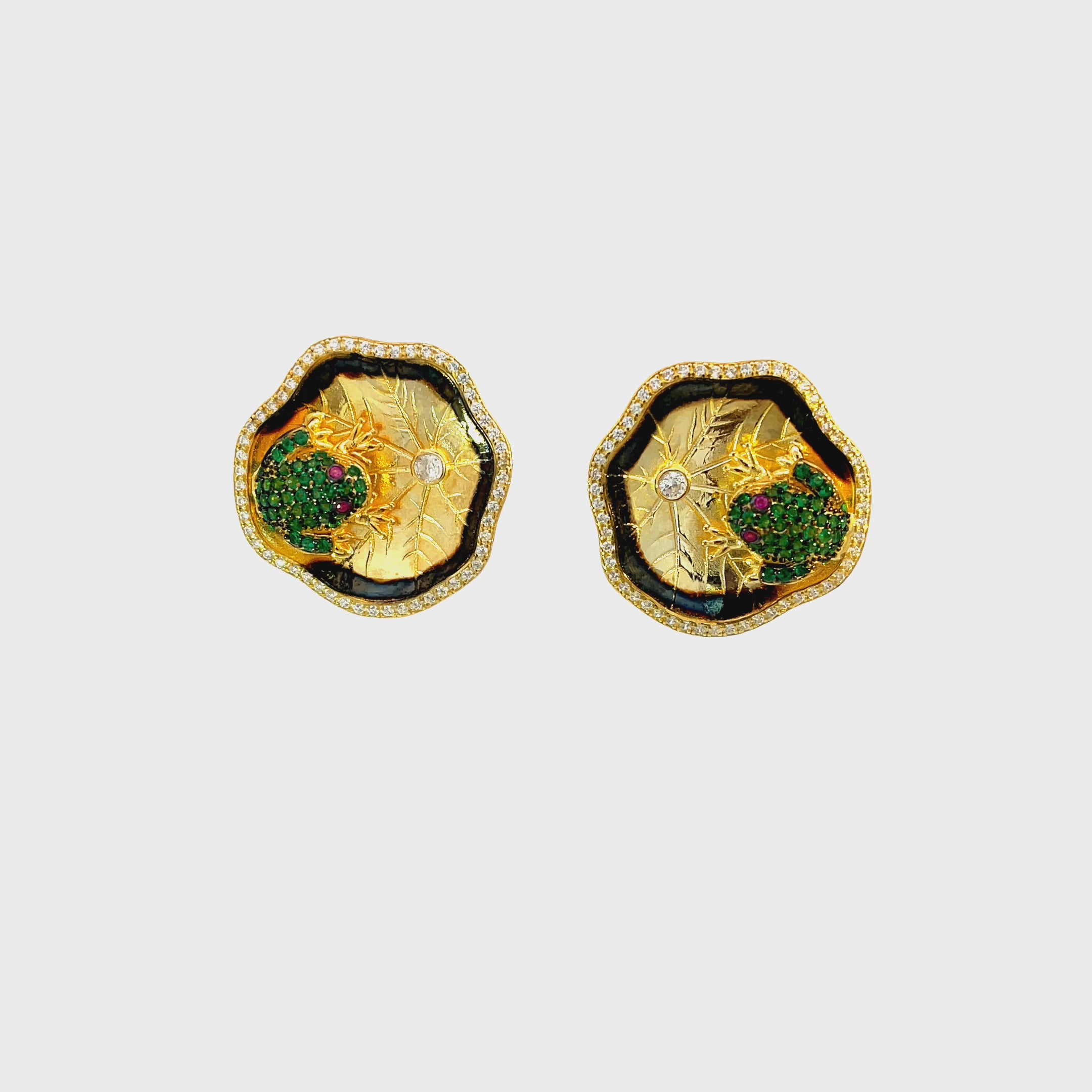 Video of Frog Lily Pad Stud Earrings Gold, showing the drop, movement and scale from multiple angles.