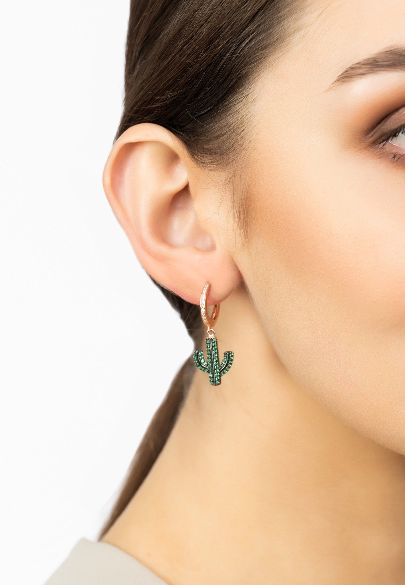 Cactus Huggie Hoop Earrings Green Rosegold - LATELITA Earrings