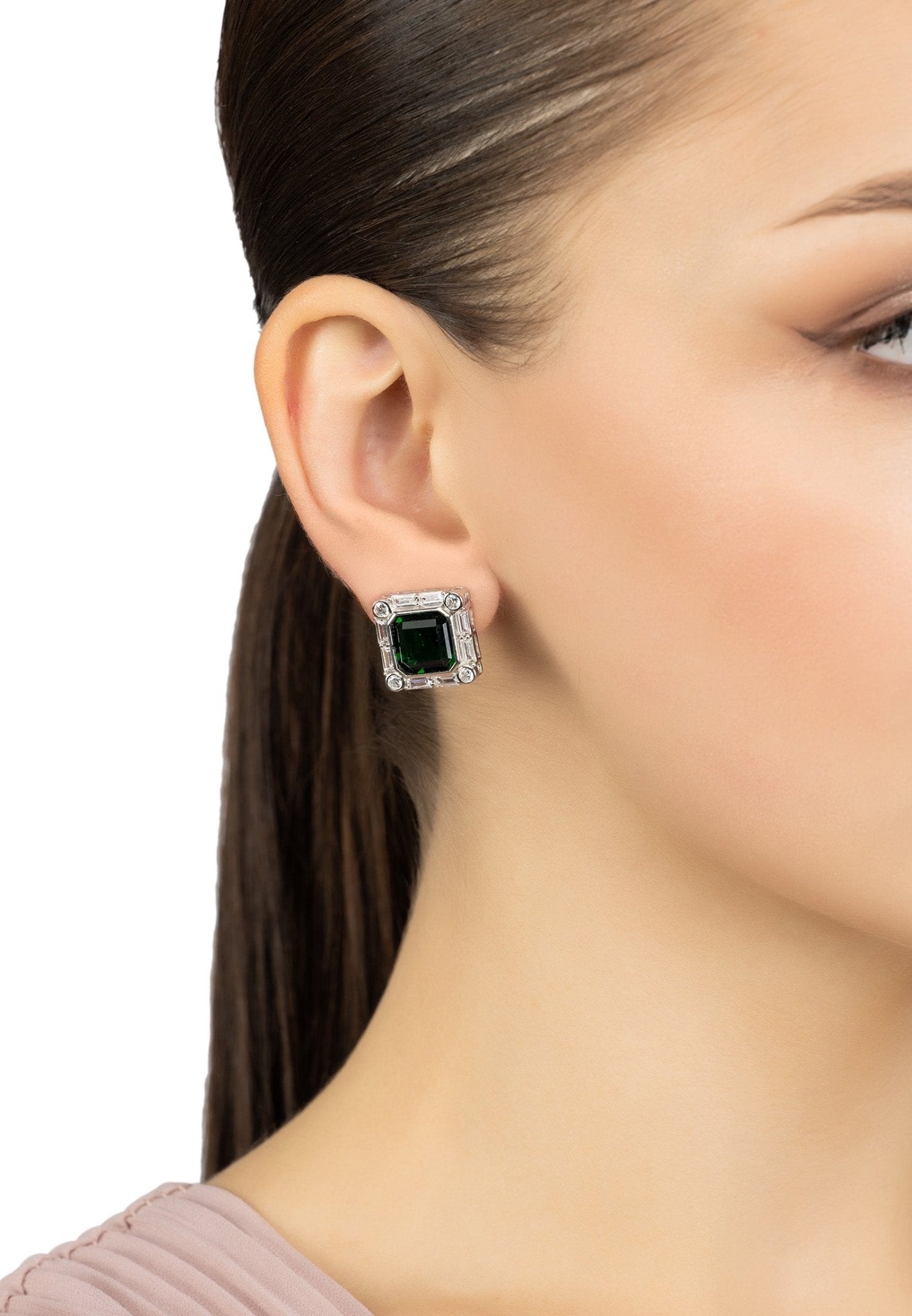 Chatsworth Clip On Earrings Emerald Silver - LATELITA
