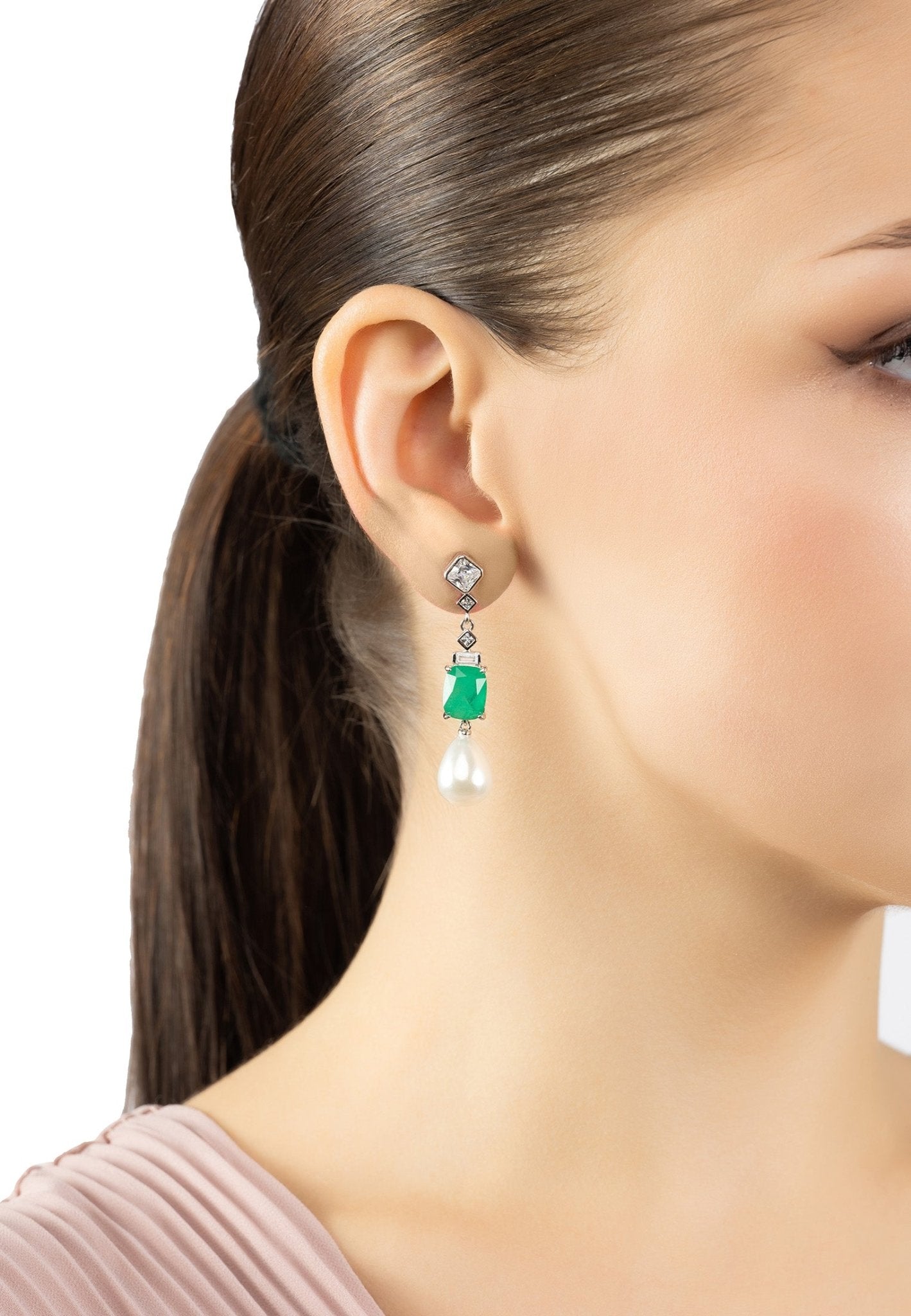Cordeilla Colombian Emerald & Pearl Earrings Silver - LATELITA Earrings