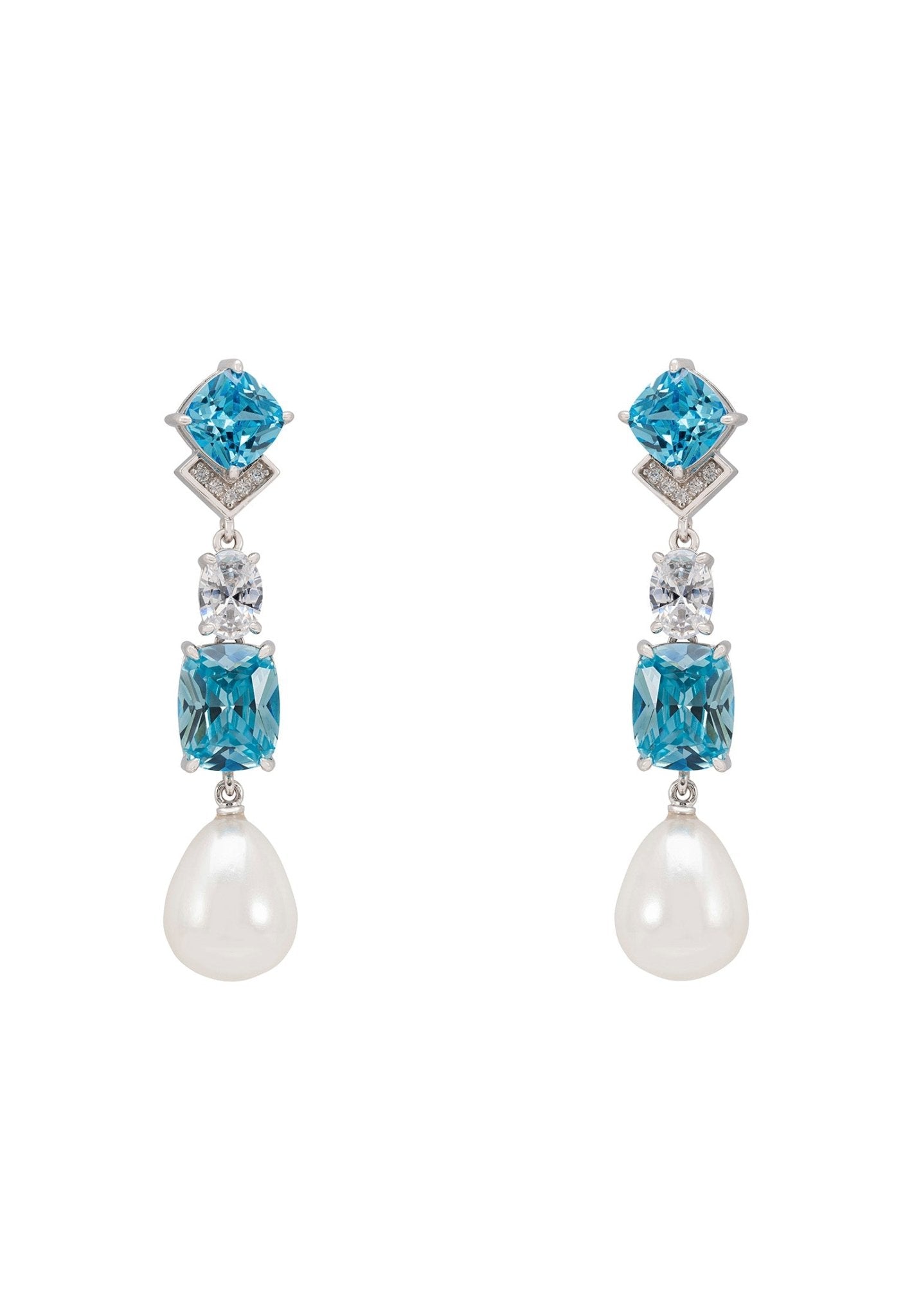 Cordelia Pearl & Blue Topaz Long Drop Earrings Silver - LATELITA Earrings