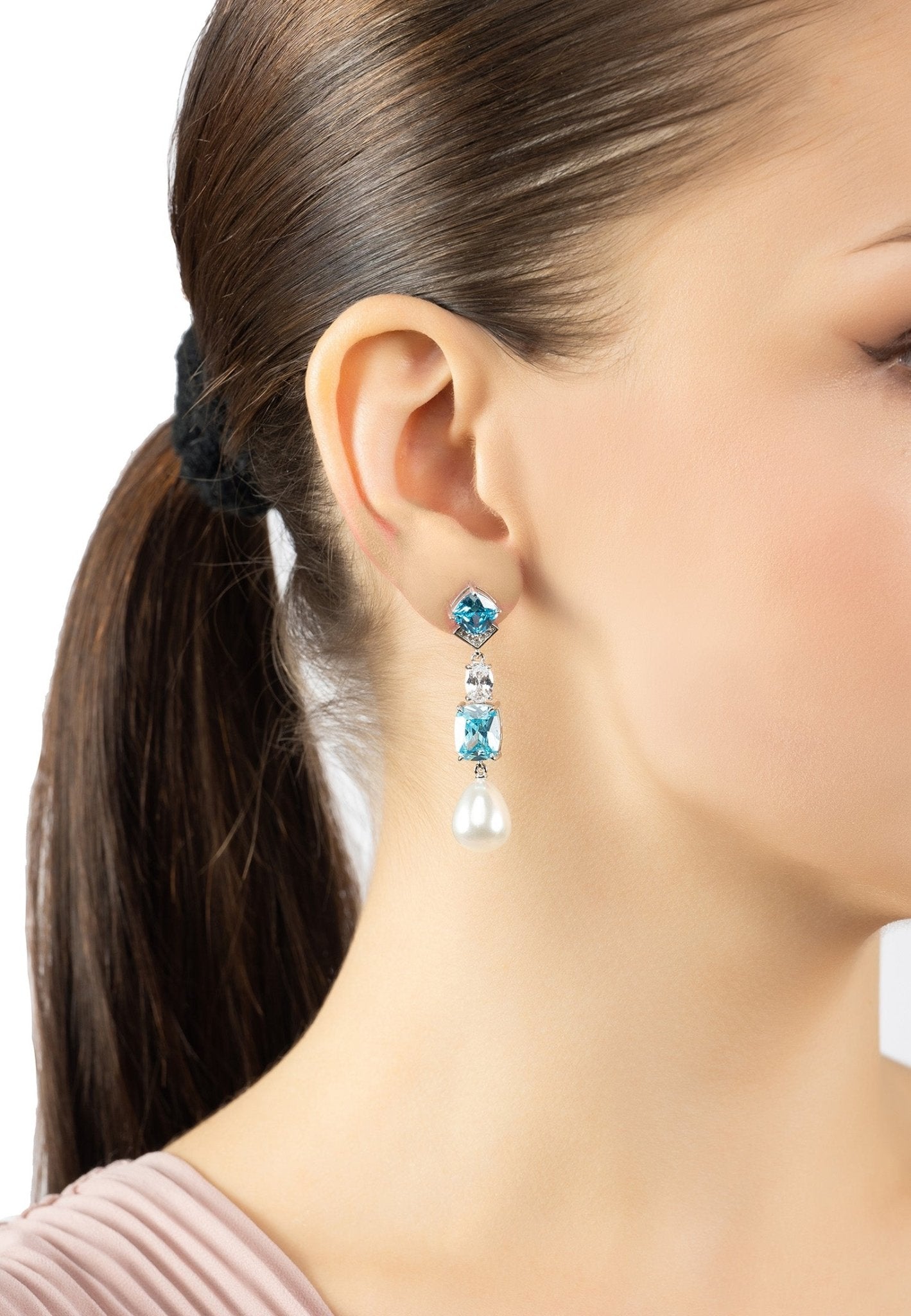 Cordelia Pearl & Blue Topaz Long Drop Earrings Silver - LATELITA Earrings