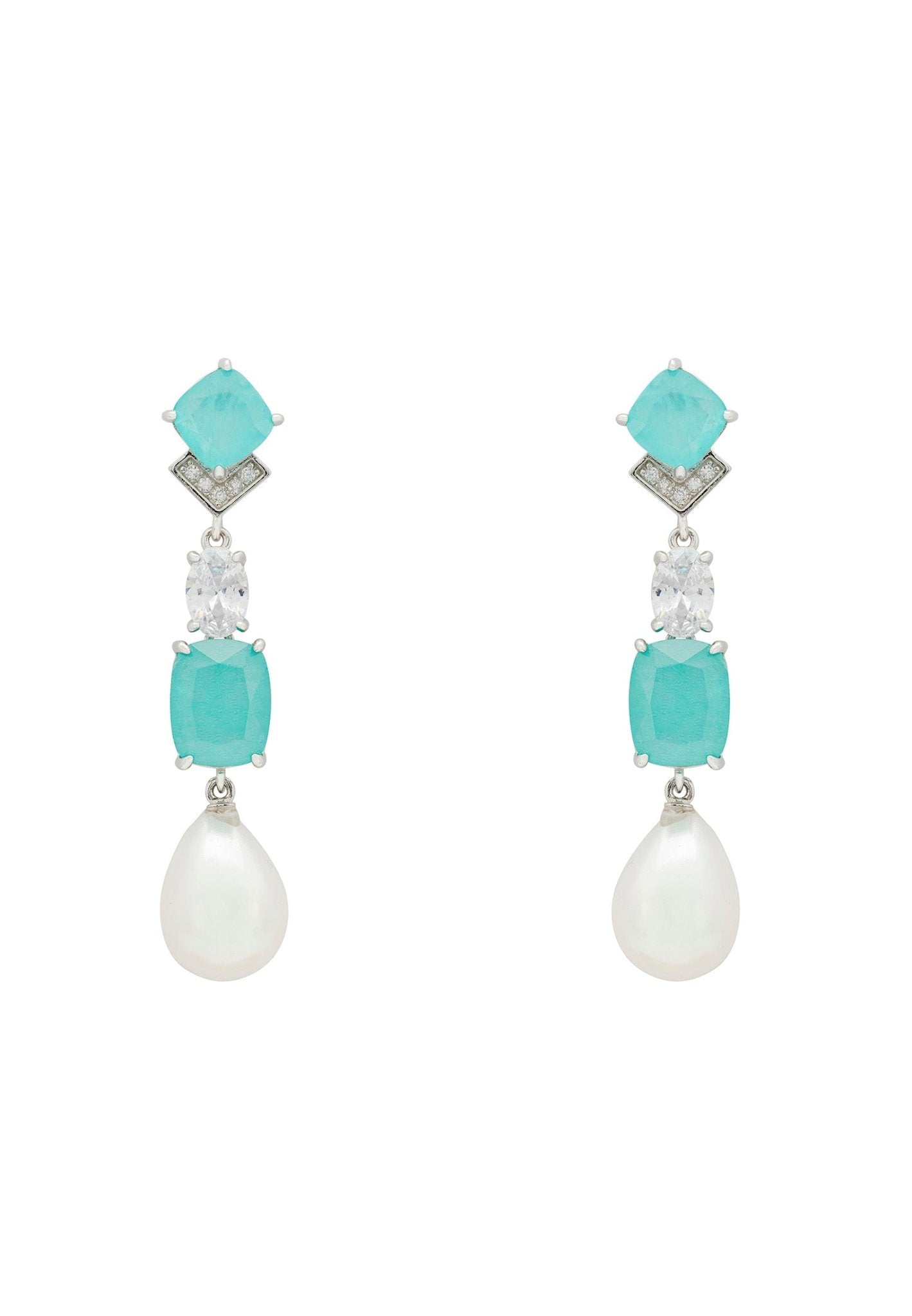 Cordelia Pearl & Paraiba Tourmaline Blue Long Drop Earrings Silver - LATELITA Earrings