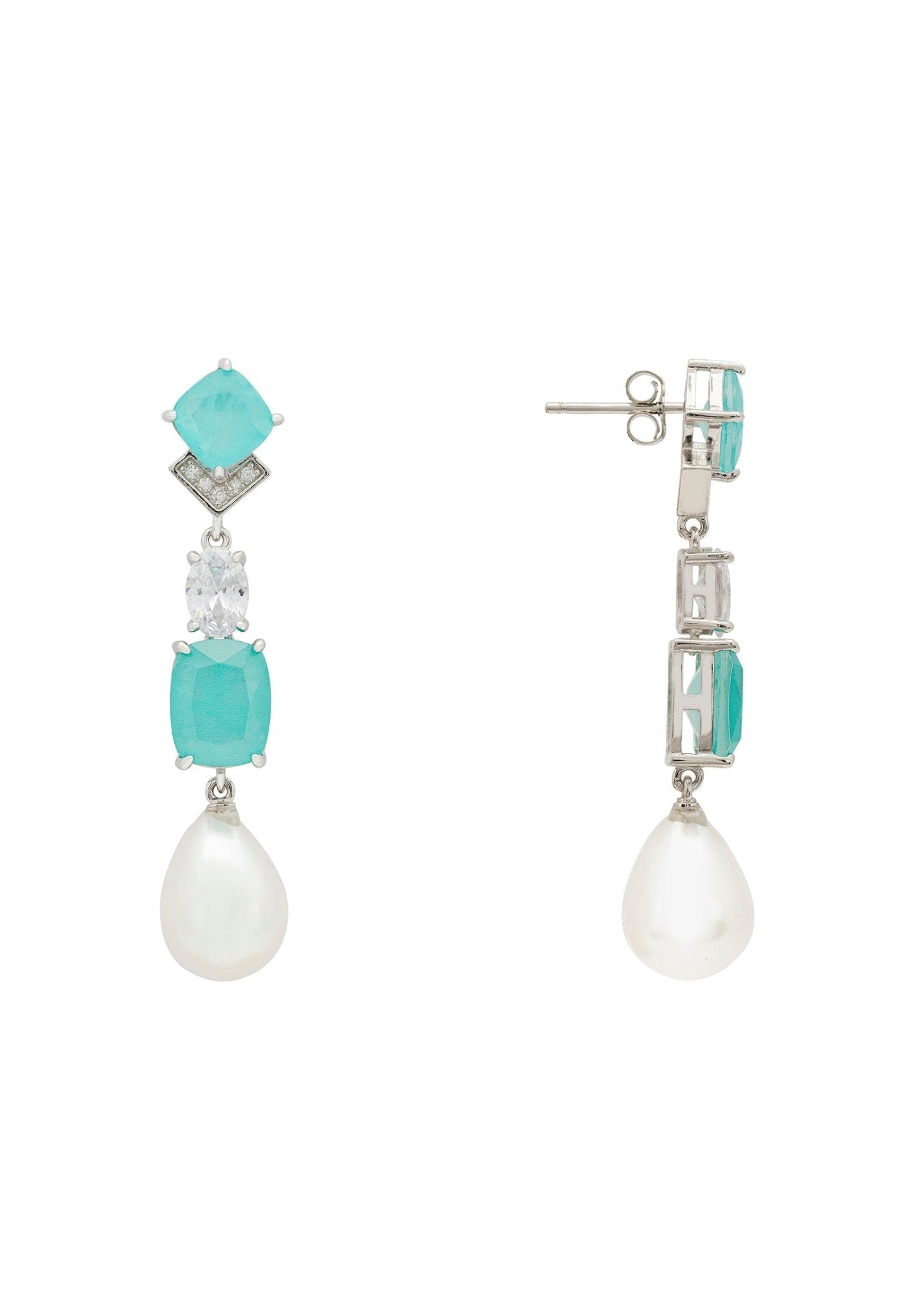 Cordelia Pearl & Paraiba Tourmaline Blue Long Drop Earrings Silver - LATELITA Earrings