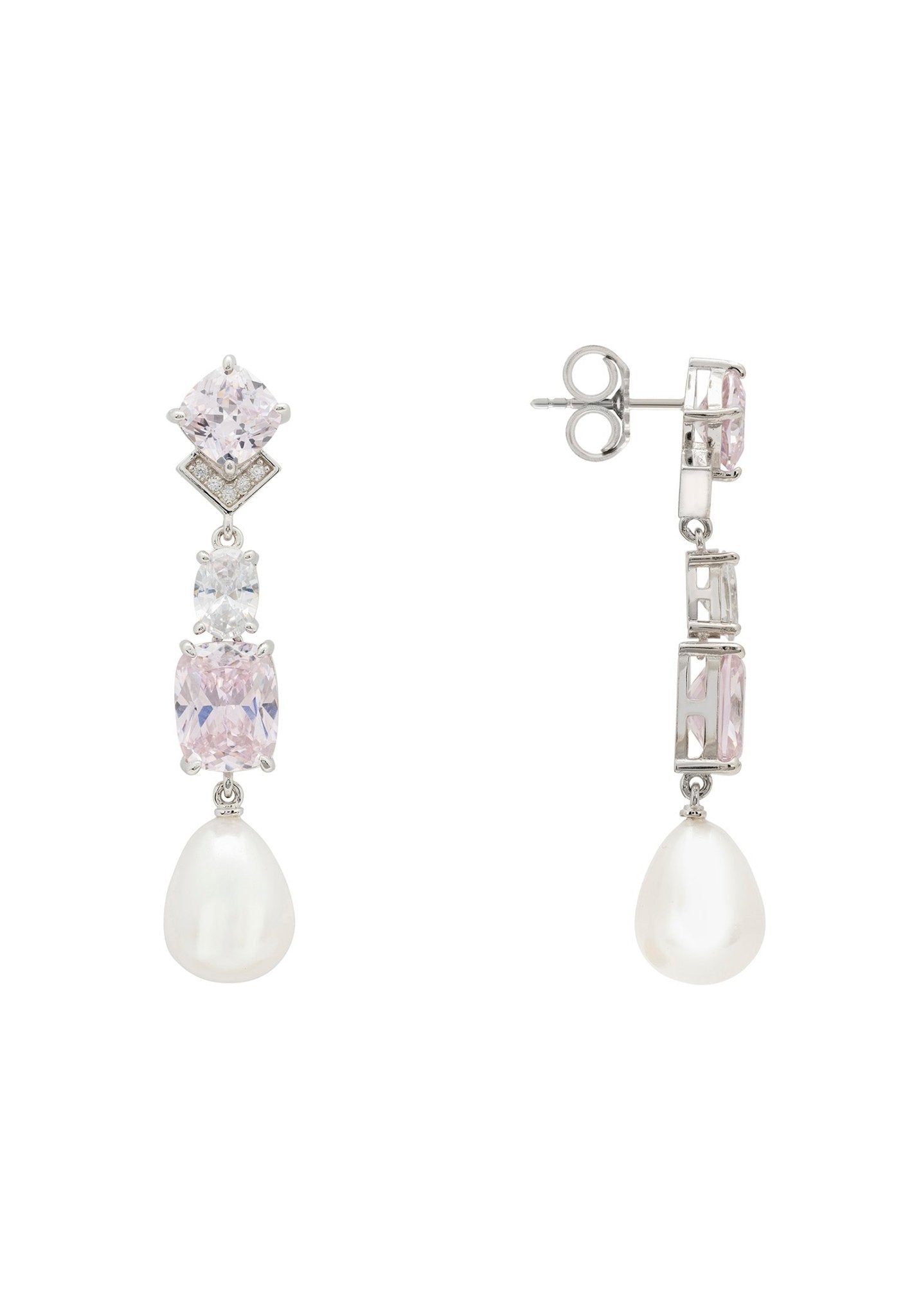 Cordelia Pearl & Pink Morganite Long Drop Earrings Silver - LATELITA Earrings