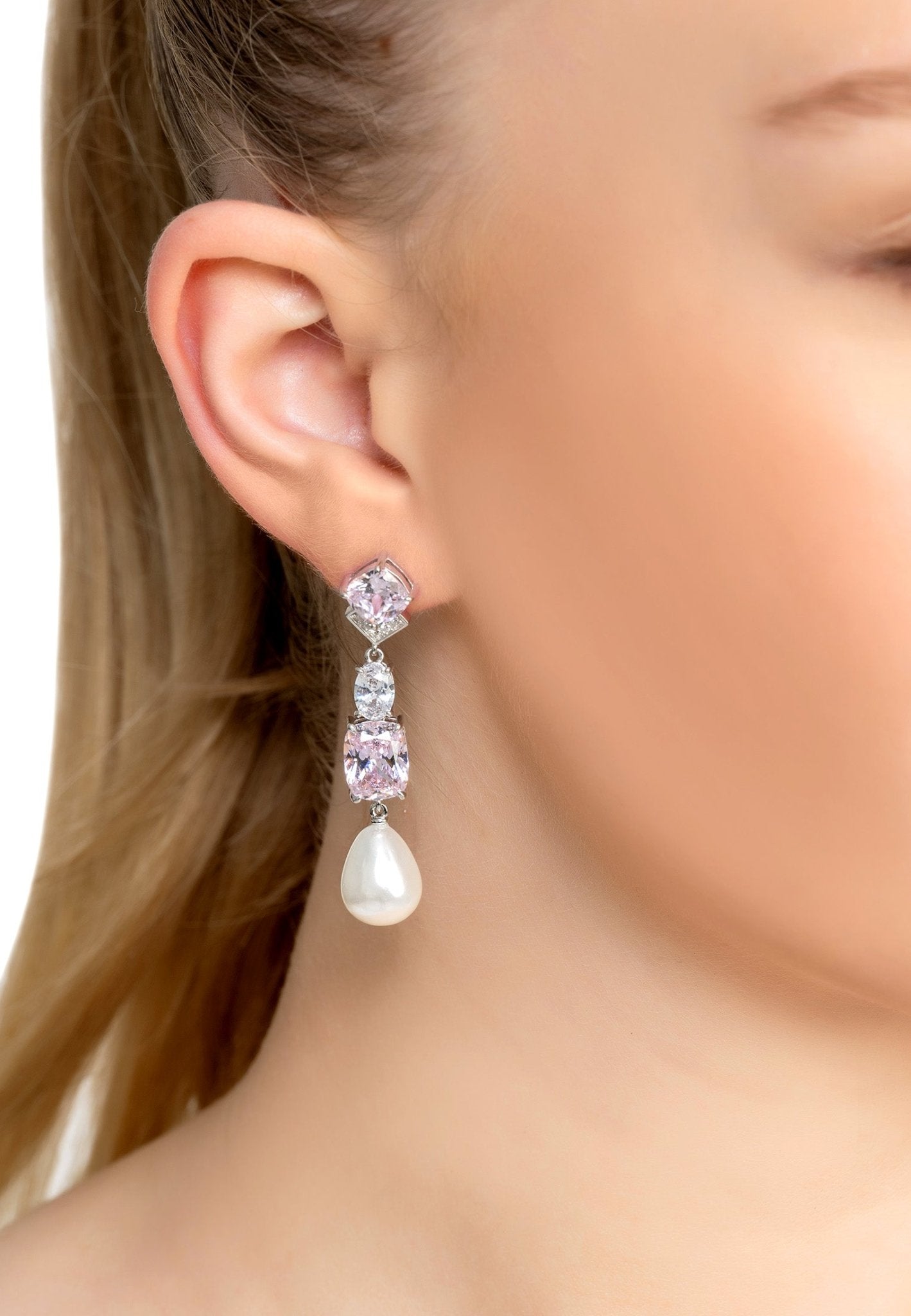 Cordelia Pearl & Pink Morganite Long Drop Earrings Silver - LATELITA Earrings