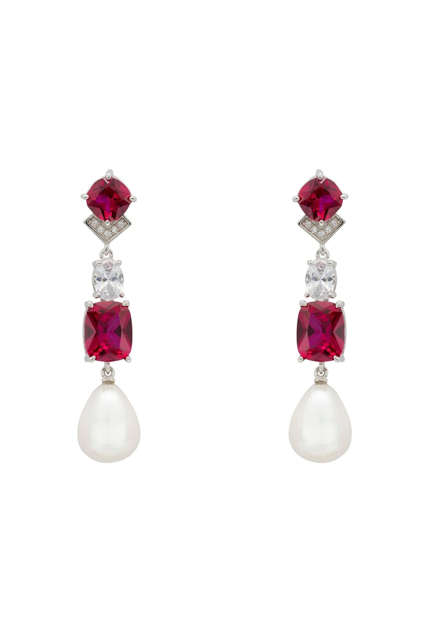 Cordelia Pearl & Ruby Long Drop Earrings Silver - LATELITA Earrings