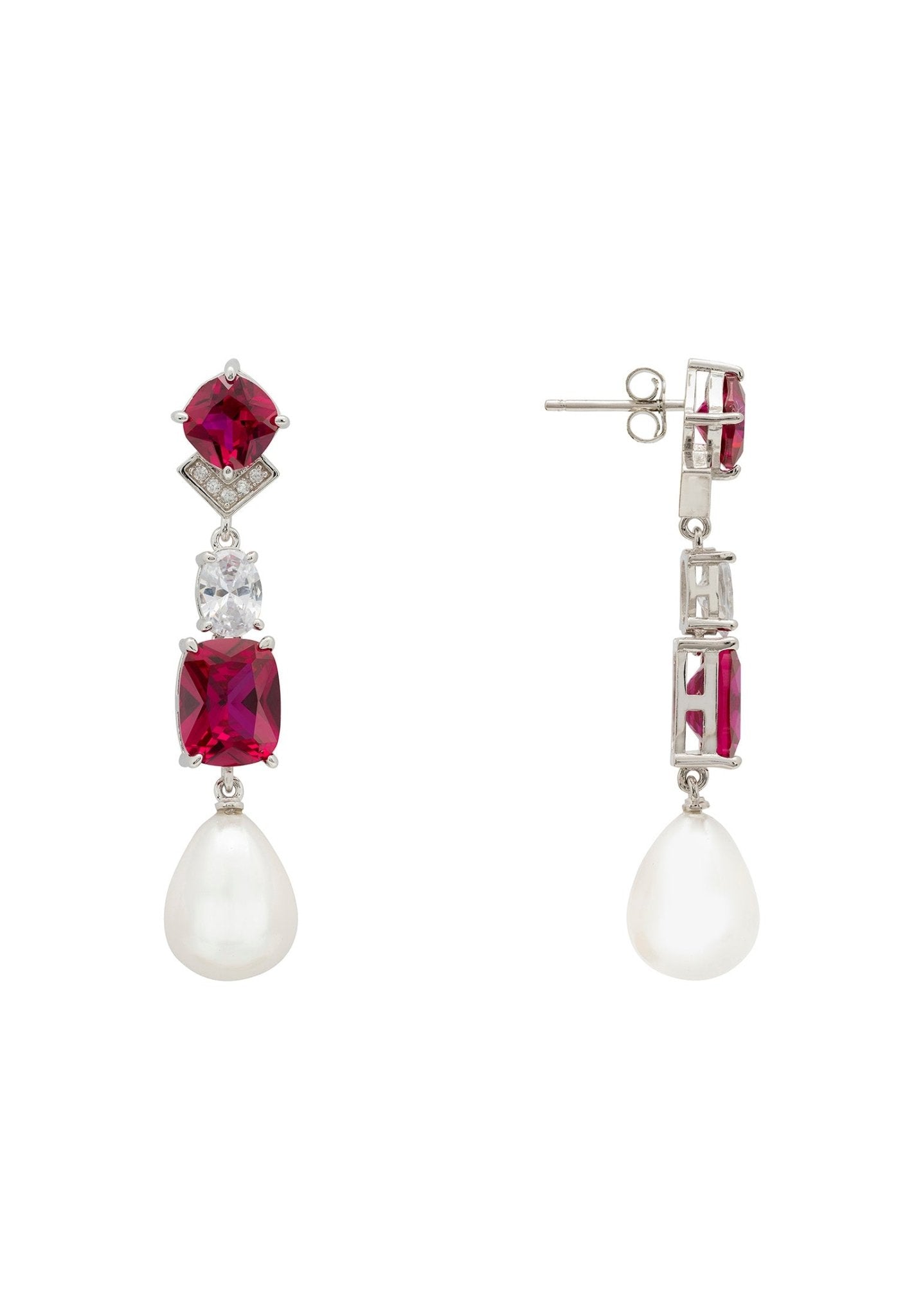 Cordelia Pearl & Ruby Long Drop Earrings Silver - LATELITA Earrings