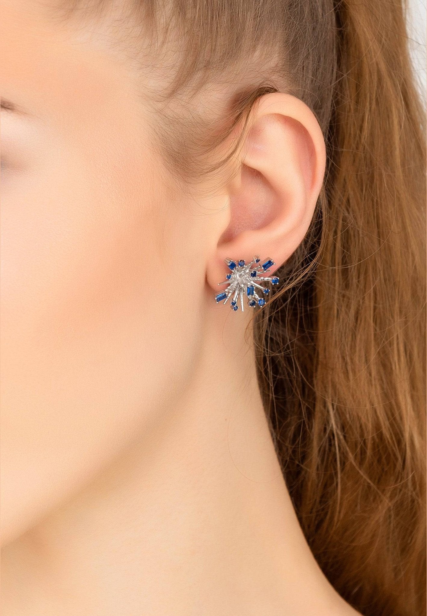 Cosmic Bang Baguette Cz Stud Earrings Sapphire Blue Cz Silver - LATELITA Earrings