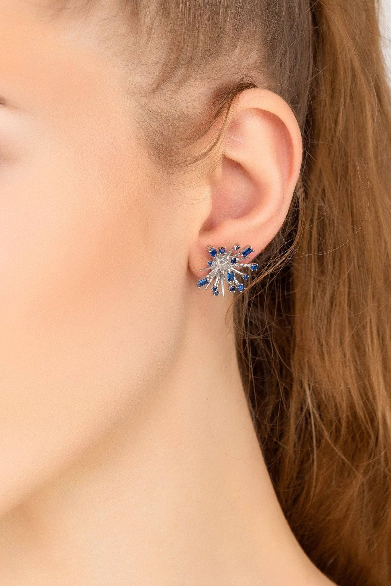 Cosmic Bang Baguette Cz Stud Earrings Sapphire Blue Cz Silver - LATELITA Earrings