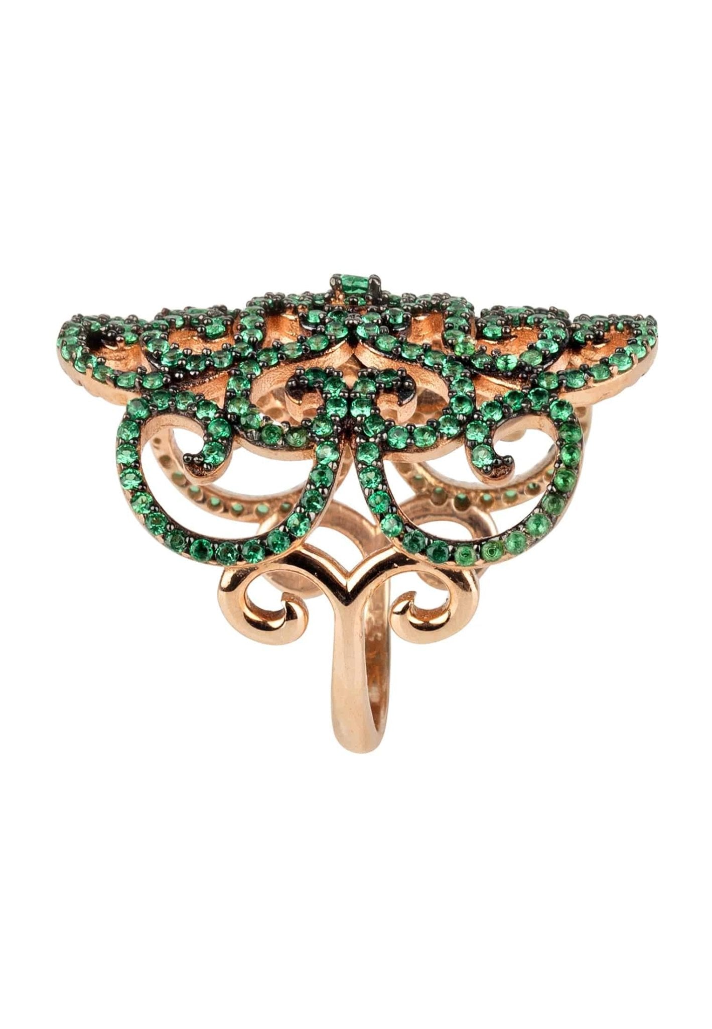Countess Filigree Cocktail Ring Emerald Green Rosegold - LATELITA Rings