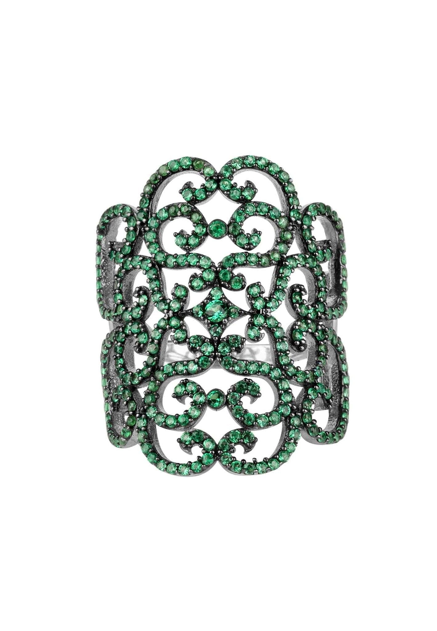 Countess Filigree Cocktail Ring Emerald Green Silver - LATELITA Rings