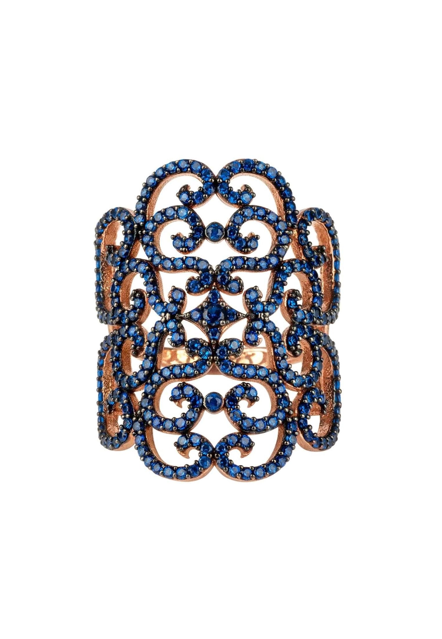 Countess Filigree Cocktail Ring Sapphire Blue Rosegold - LATELITA Rings