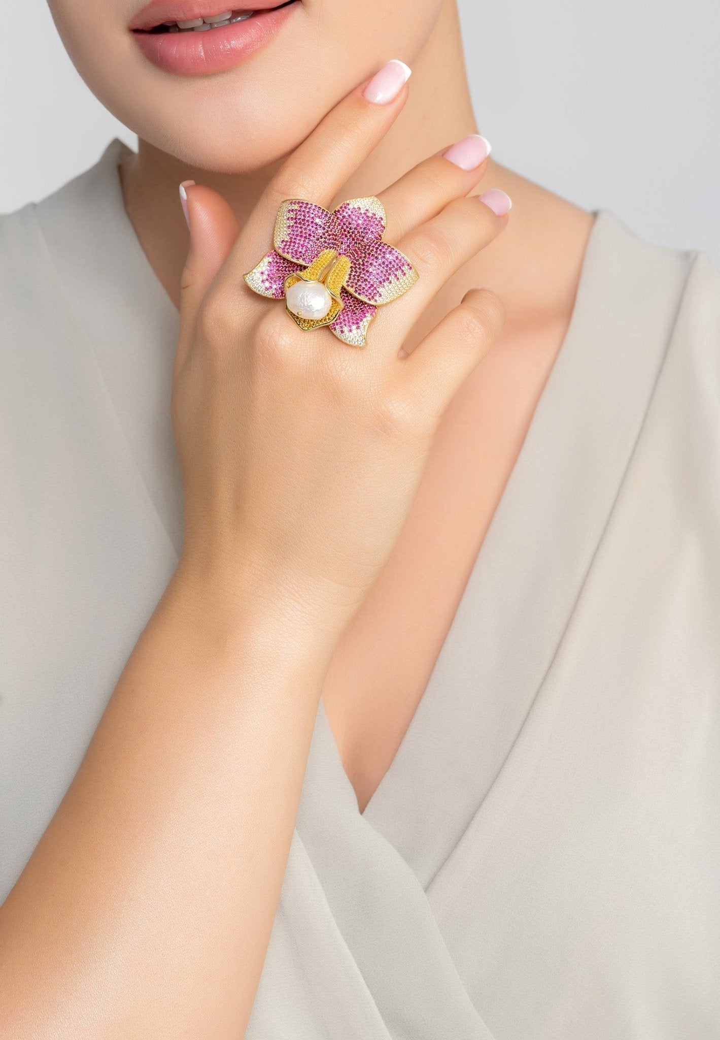 Daffodil With Pearl Cocktail Ring Gold Ruby CZ - LATELITA Rings