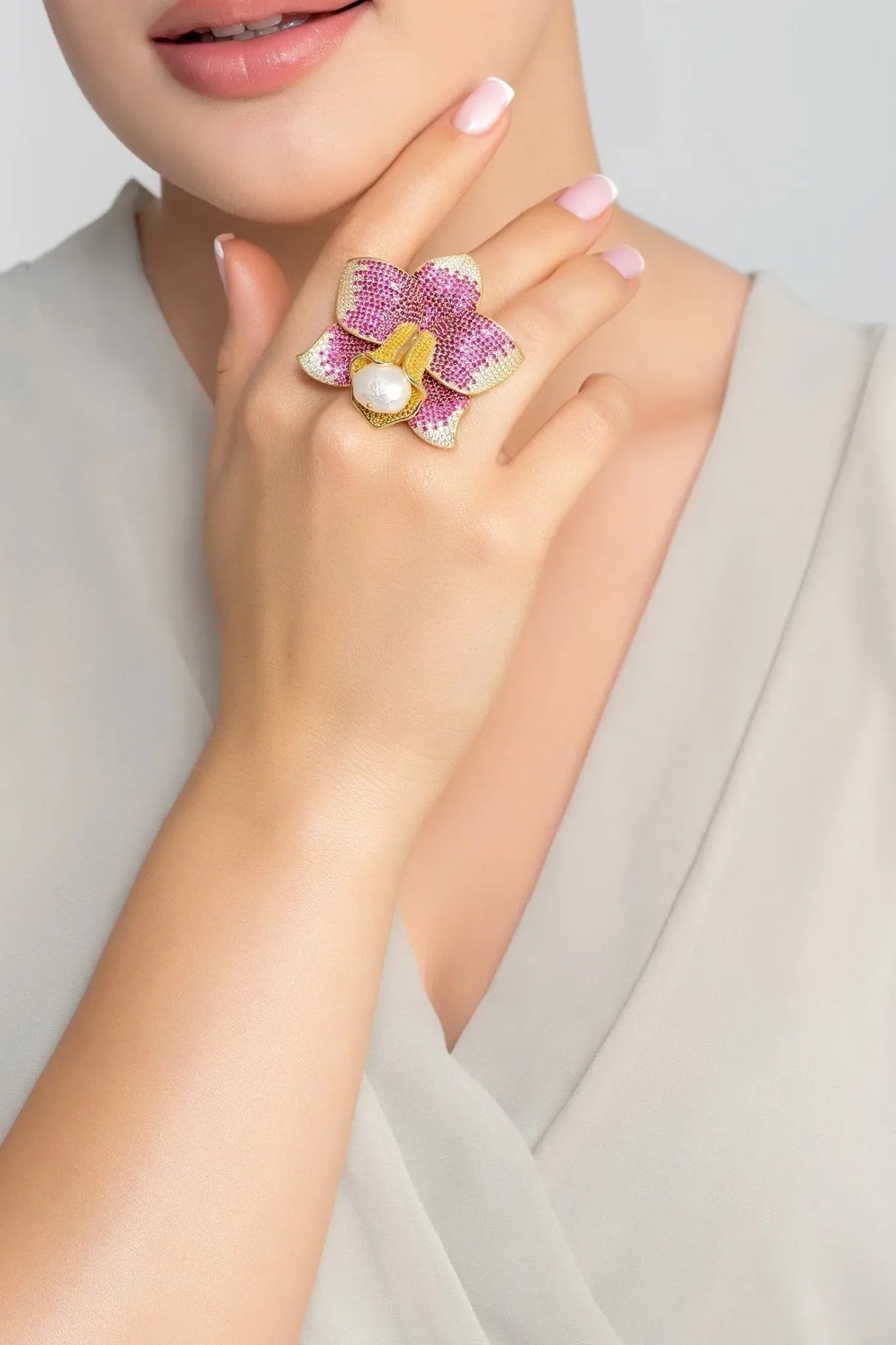 Daffodil With Pearl Cocktail Ring Gold Ruby CZ - LATELITA Rings