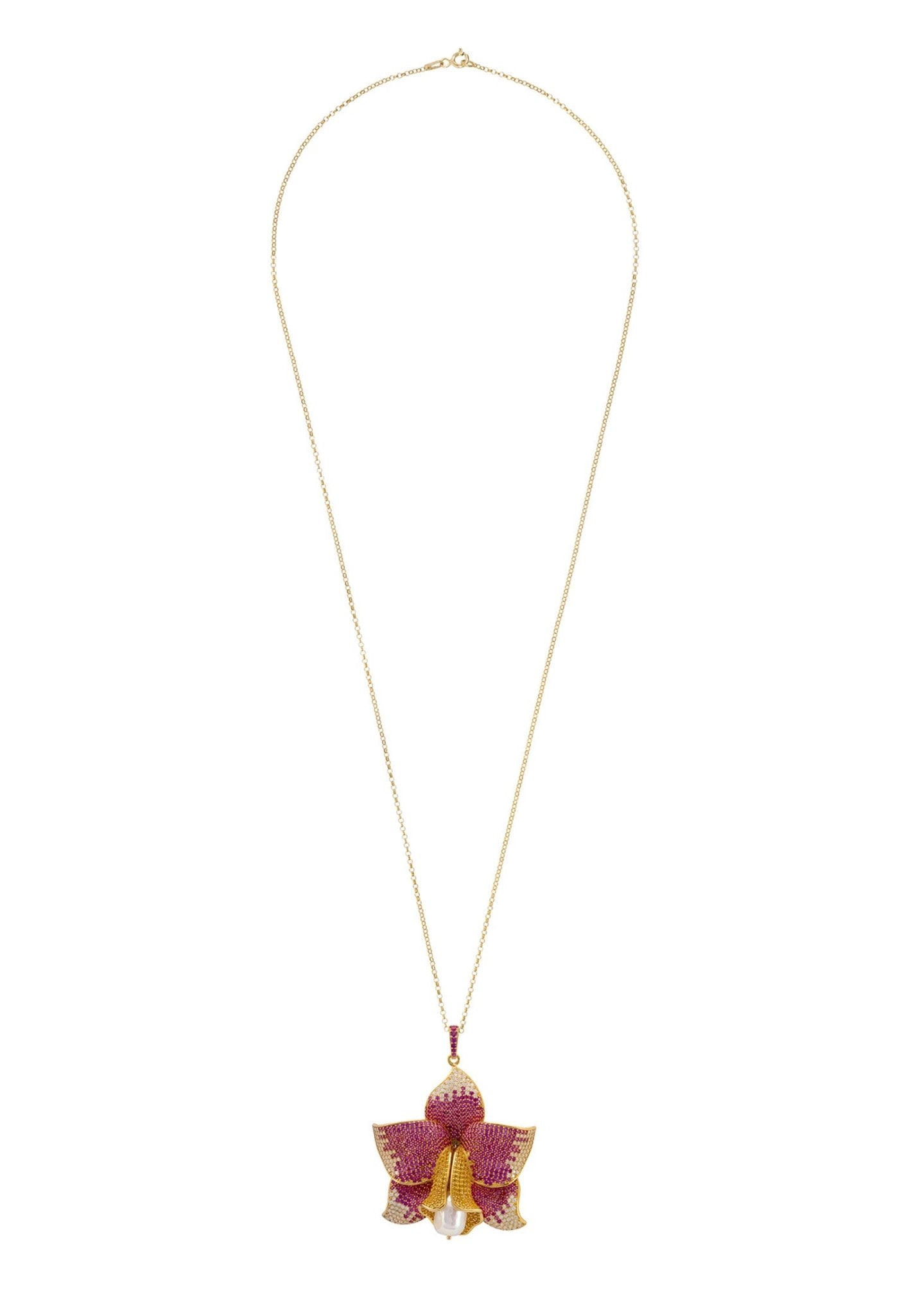 Daffodil With Pearl Pendant Necklace Gold Ruby CZ - LATELITA Necklaces